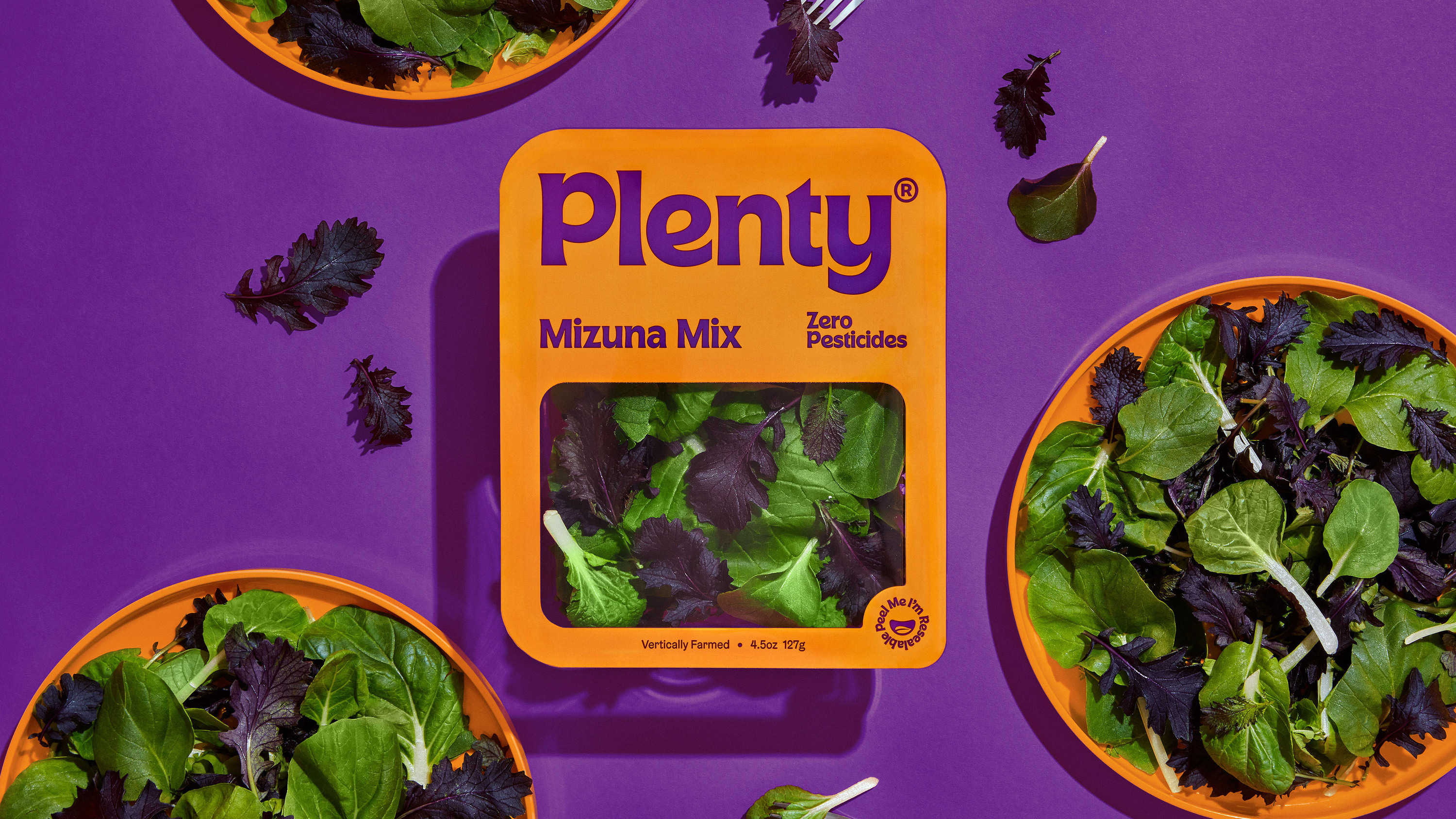 Logotype, custom typeface and packaging design for American salad brand Plenty designed by &Walsh