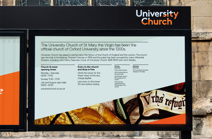 Visual identity, print and signage for University Church designed by Spy