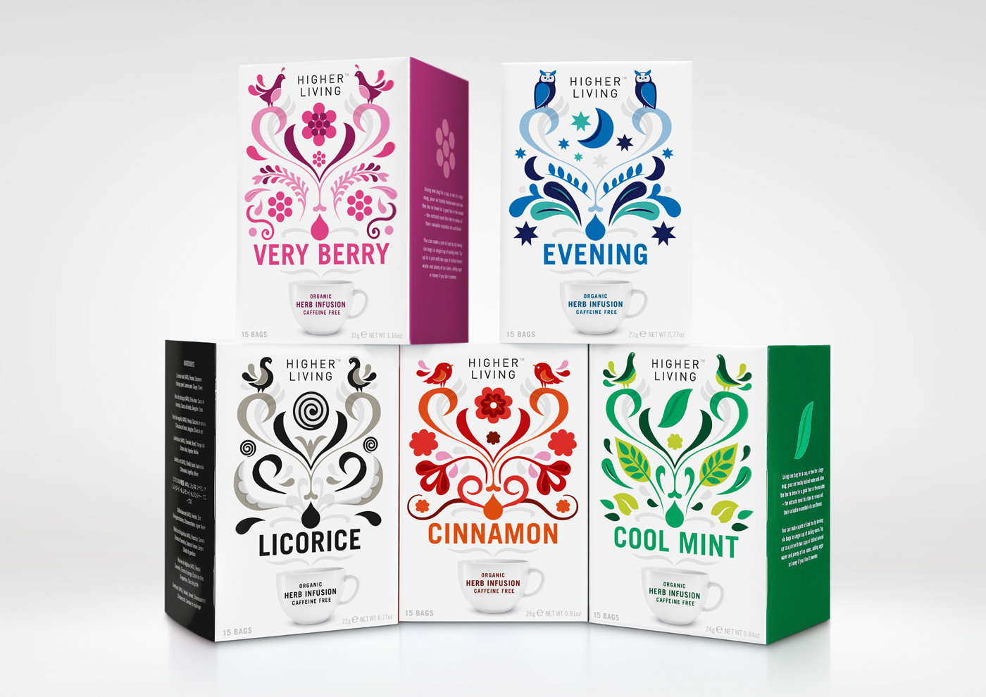 Tea packaging with illustrative detail designed by B&B Studio for UK herbal tea company brand Higher Living