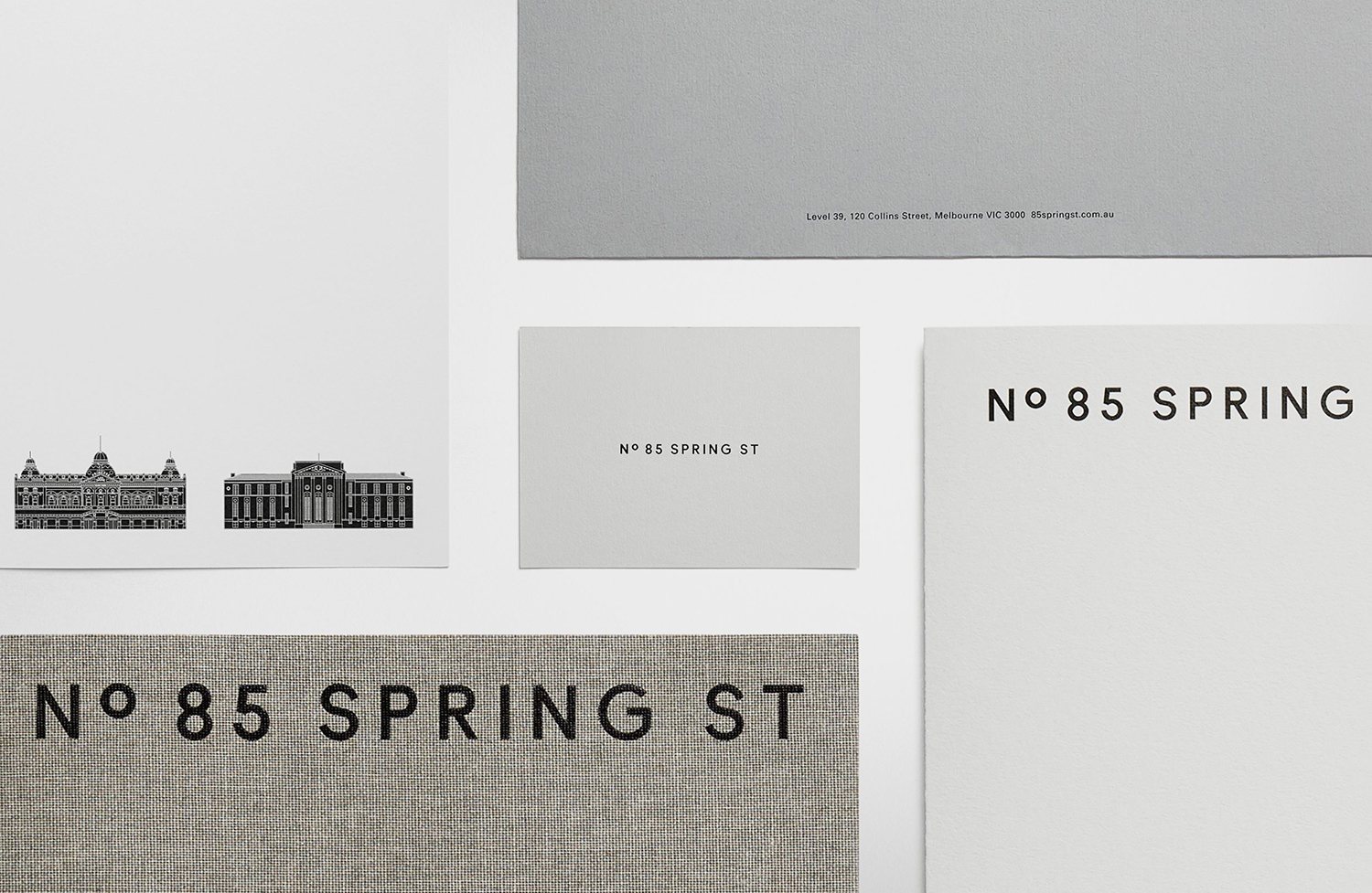 Logotype, graphic identity, stationery and brochures by Studio Ongarato for Melbourne property development 85 Spring Street