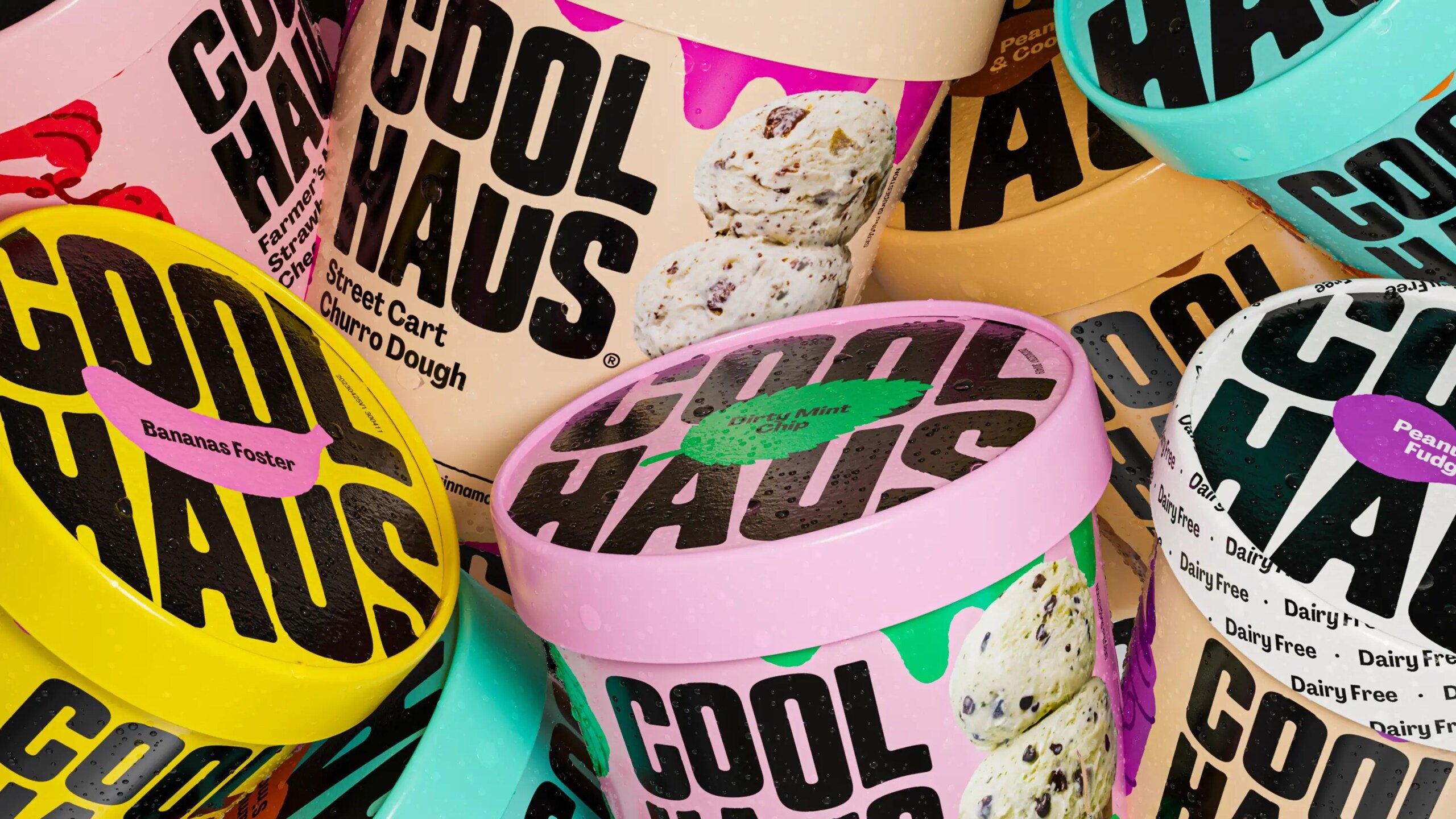 Logotype, illustration, packaging, motion graphics and digital design by &Walsh for dairy free ice cream brand Coolhaus