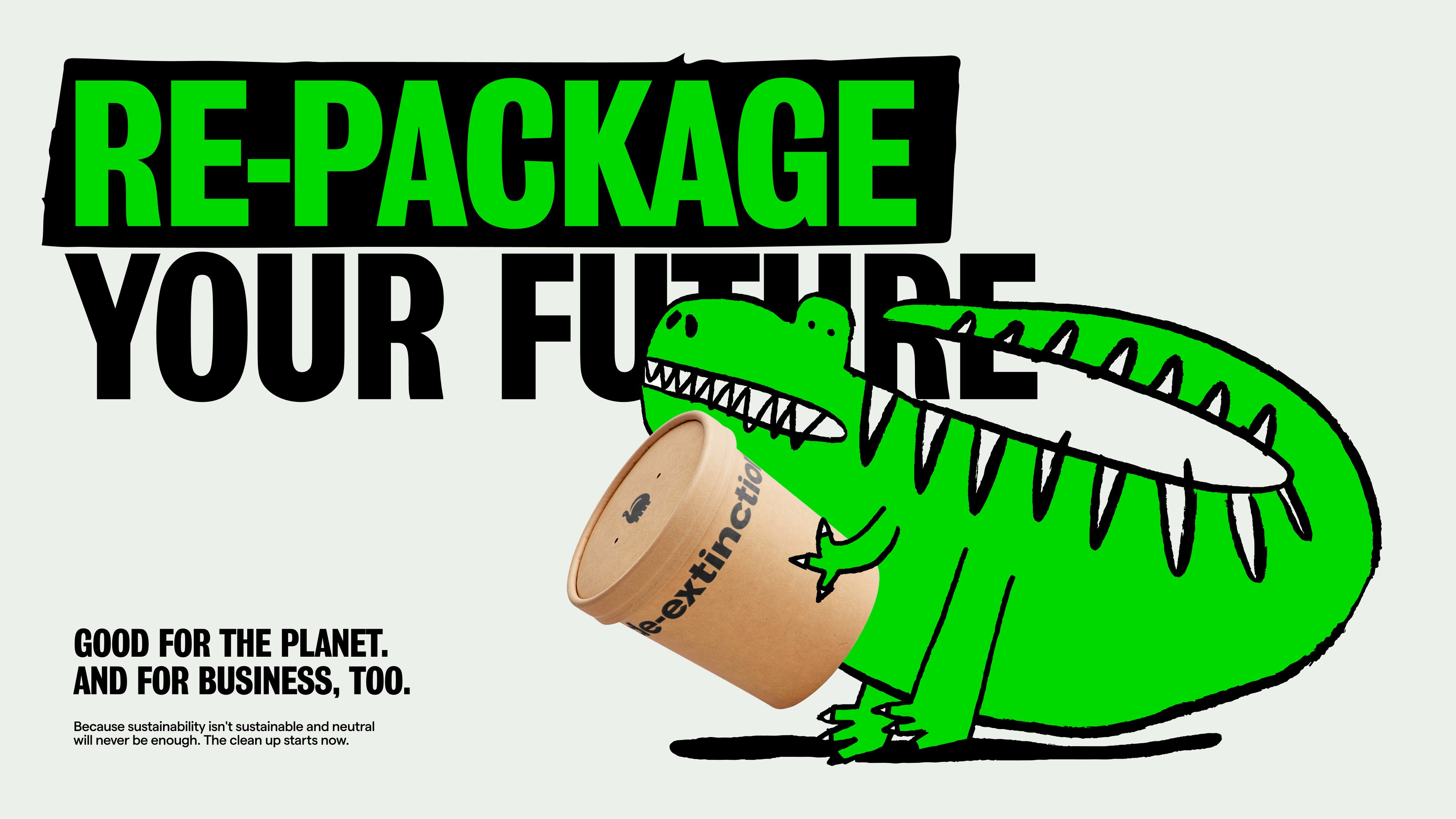 Strategy, visual identity, logo, motion graphics and dinosaur illustrations for earth-friendly sustainable Miami packaging manufacturer De-Extinction designed by london-based design studio Koto