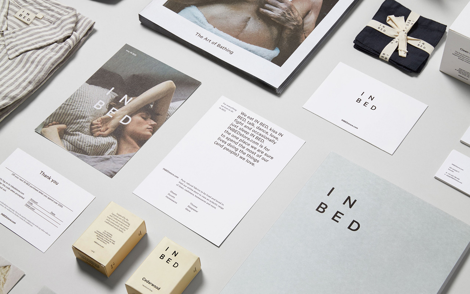 Visual identity, print and packaging for online homeware retailer In Bed designed by Moffitt.Moffitt