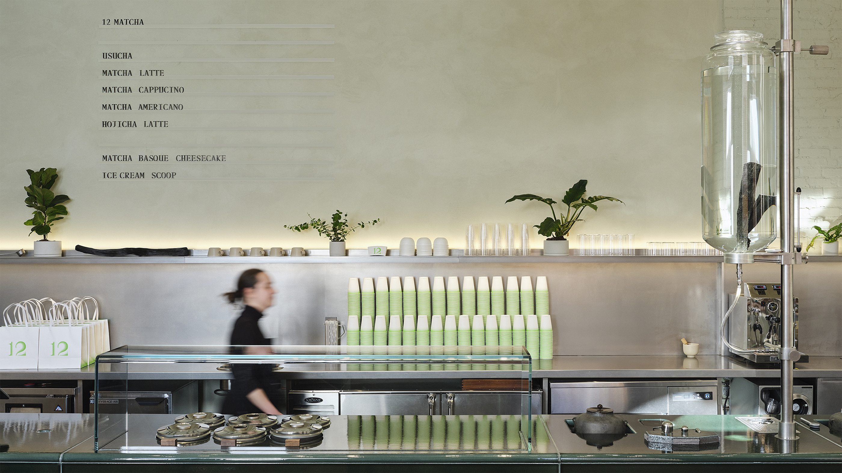 Motion logo, packaging, interior, menus, packaging and art direction for Brooklyn based matcha tea shop 12 designed by Base