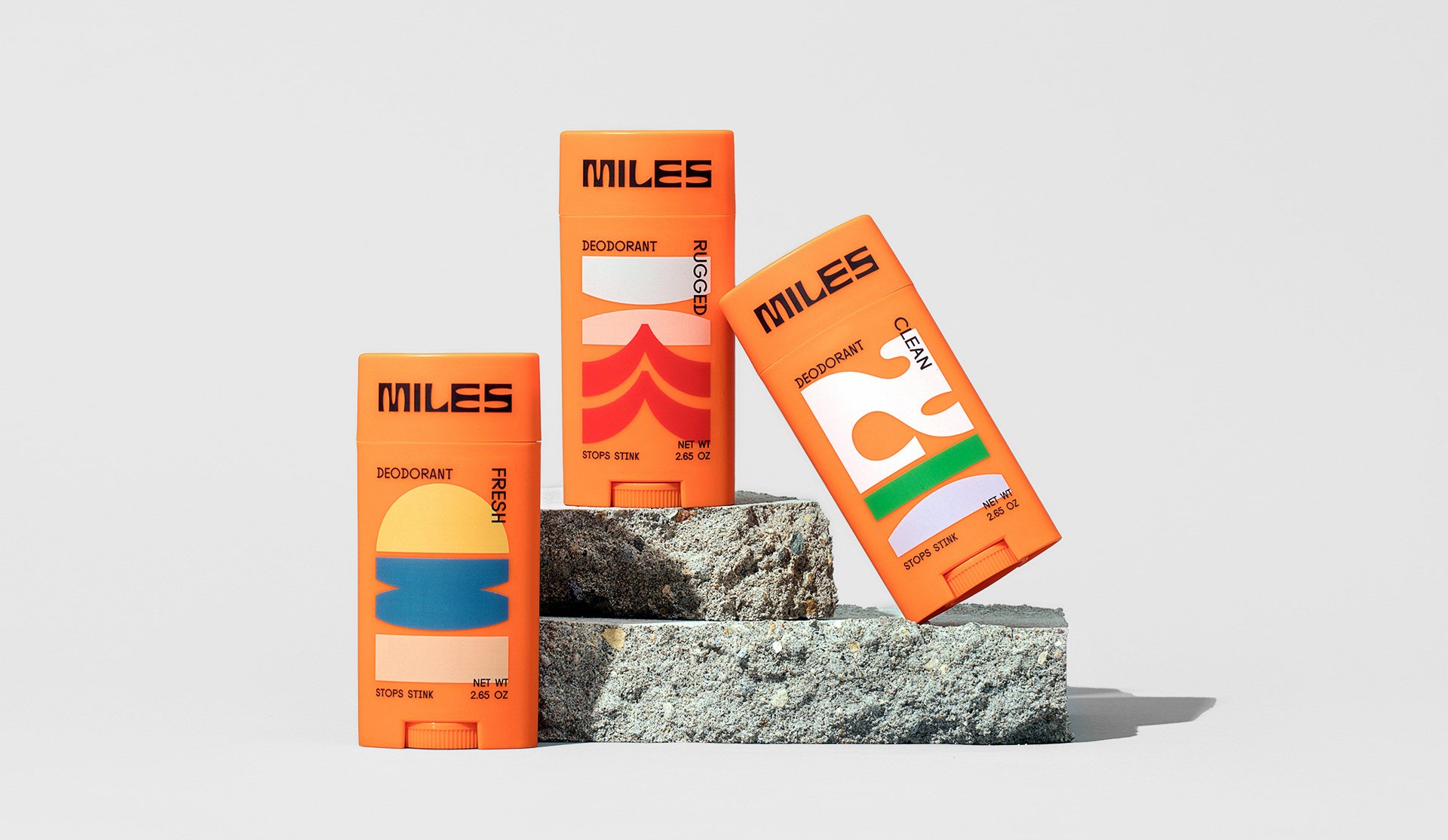 Logotype, illustration and packaging design for deodorant Miles designed by Minneapolis-based studio Buddy Buddy.
