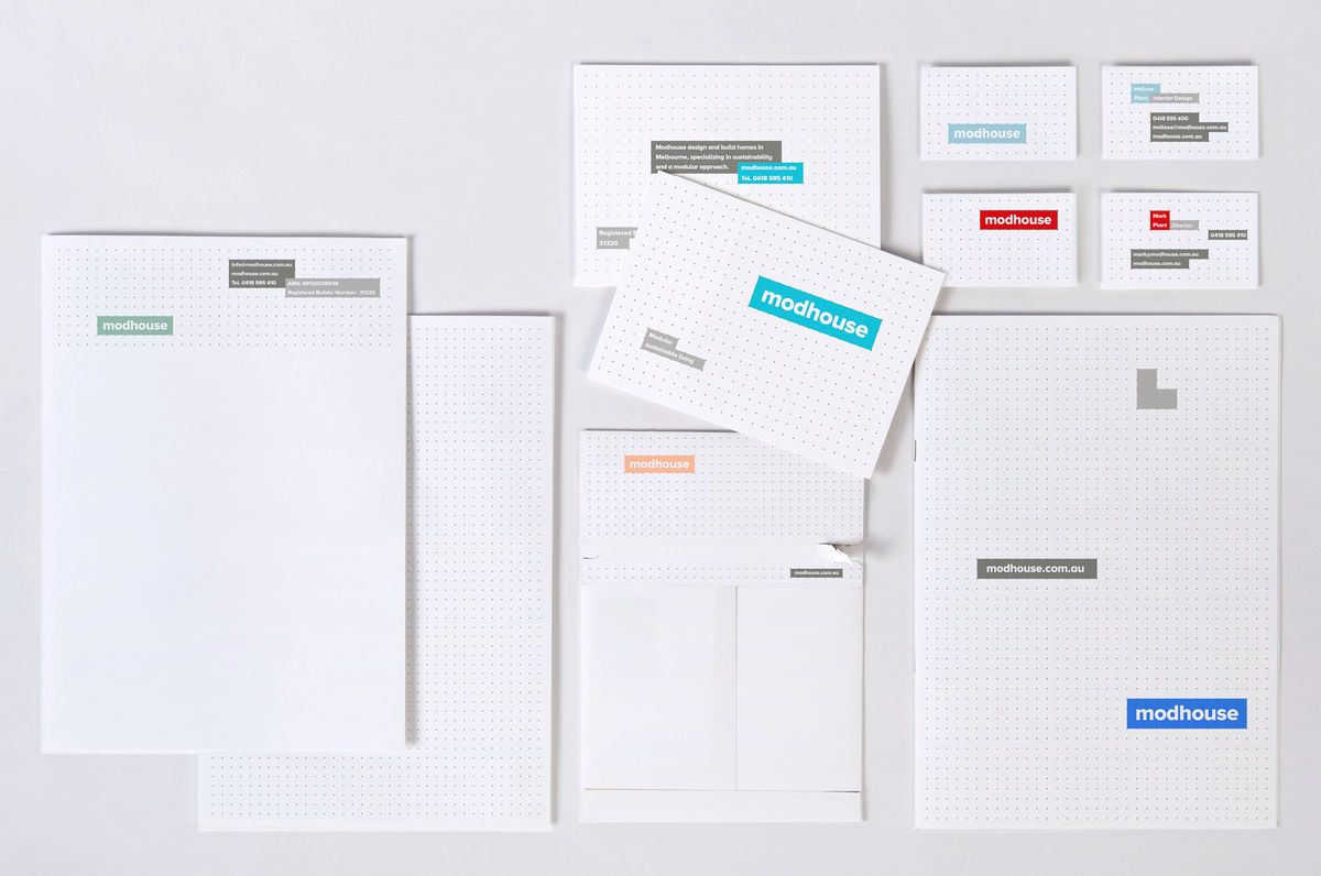 Logo and modular grid based stationery designed by A Friend Of Mine for Australian design and building firm Modhouse