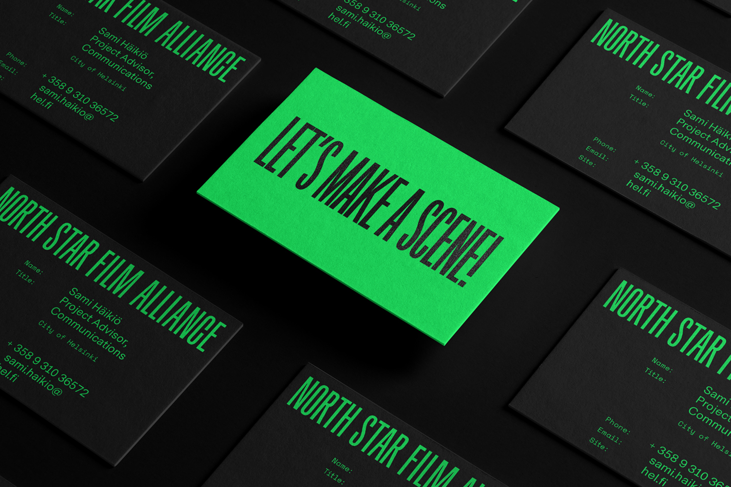 Business card design with a fluorescent paper designed by Bond for the Northstar Film Alliance