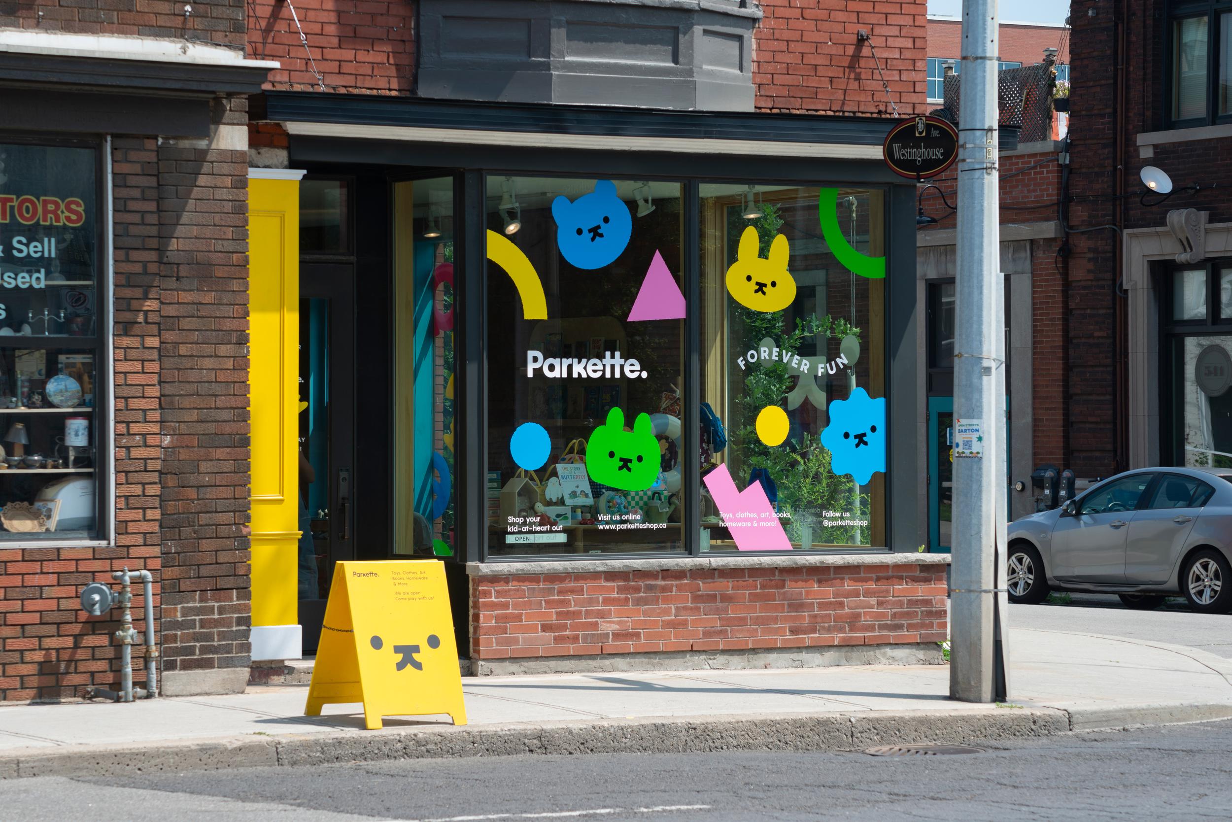 Logotype, illustration, character design and window decals designed by Kinoto for Canadian homeware shop Parkette