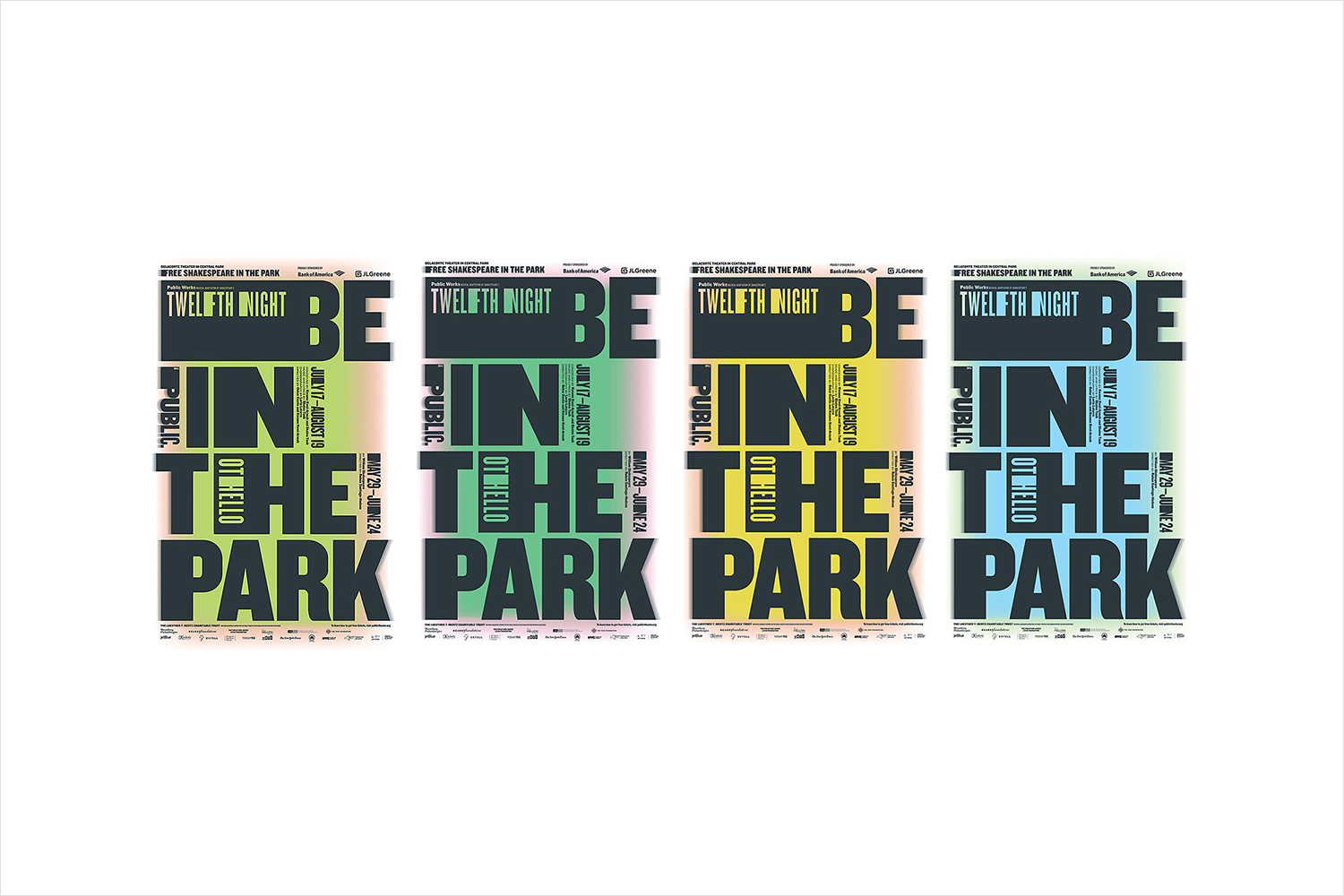 Posters, signage, website, t-shirts, tote bags and newspaper advertising by Pentagram's Paula Scher for The Public Theatre's Shakespeare in the Park 2018