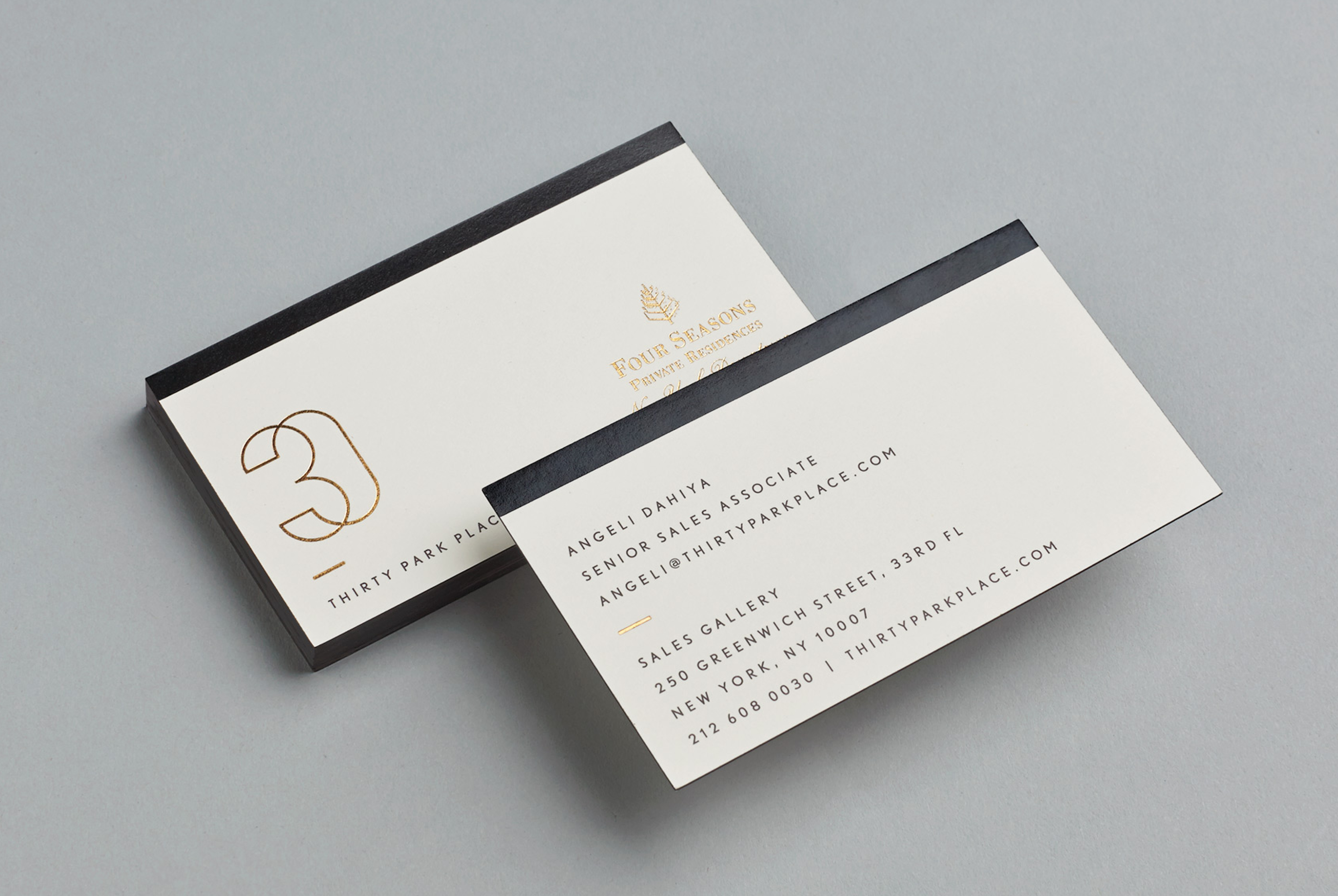 Gold foiled business cards for Four Seasons private residence 30 Park Place by Mother
