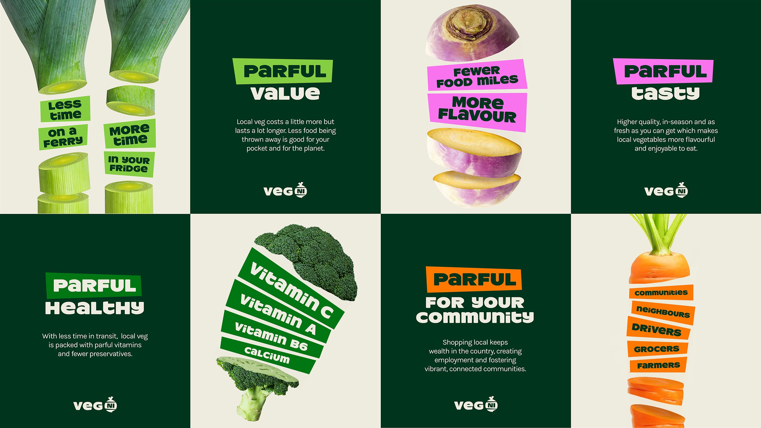 Brand identity and social media posts designed by Jack Renwick Studio for Northern Irish farming cooperative Veg NI