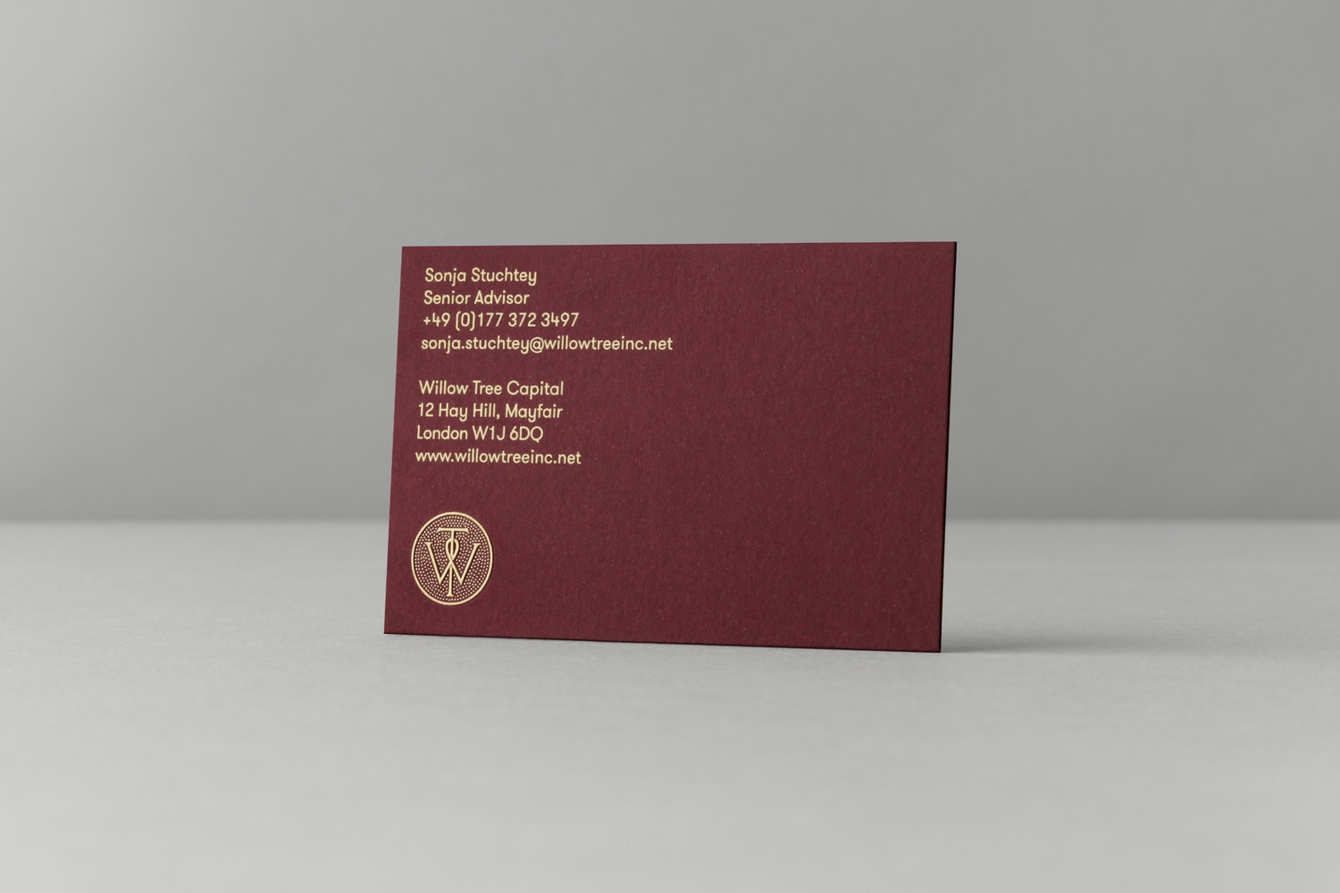 Print featuring Colorplan Claret and a gold foil emboss by Bunch for business consultancy Willow Tree 