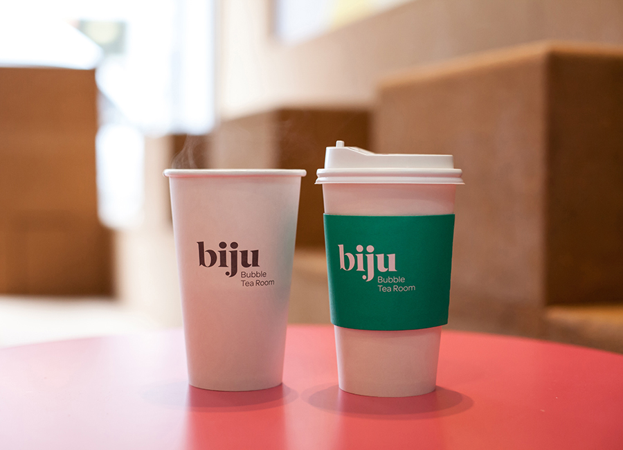 Logotype and packaging designed by ico for British bubble tea brand Biju