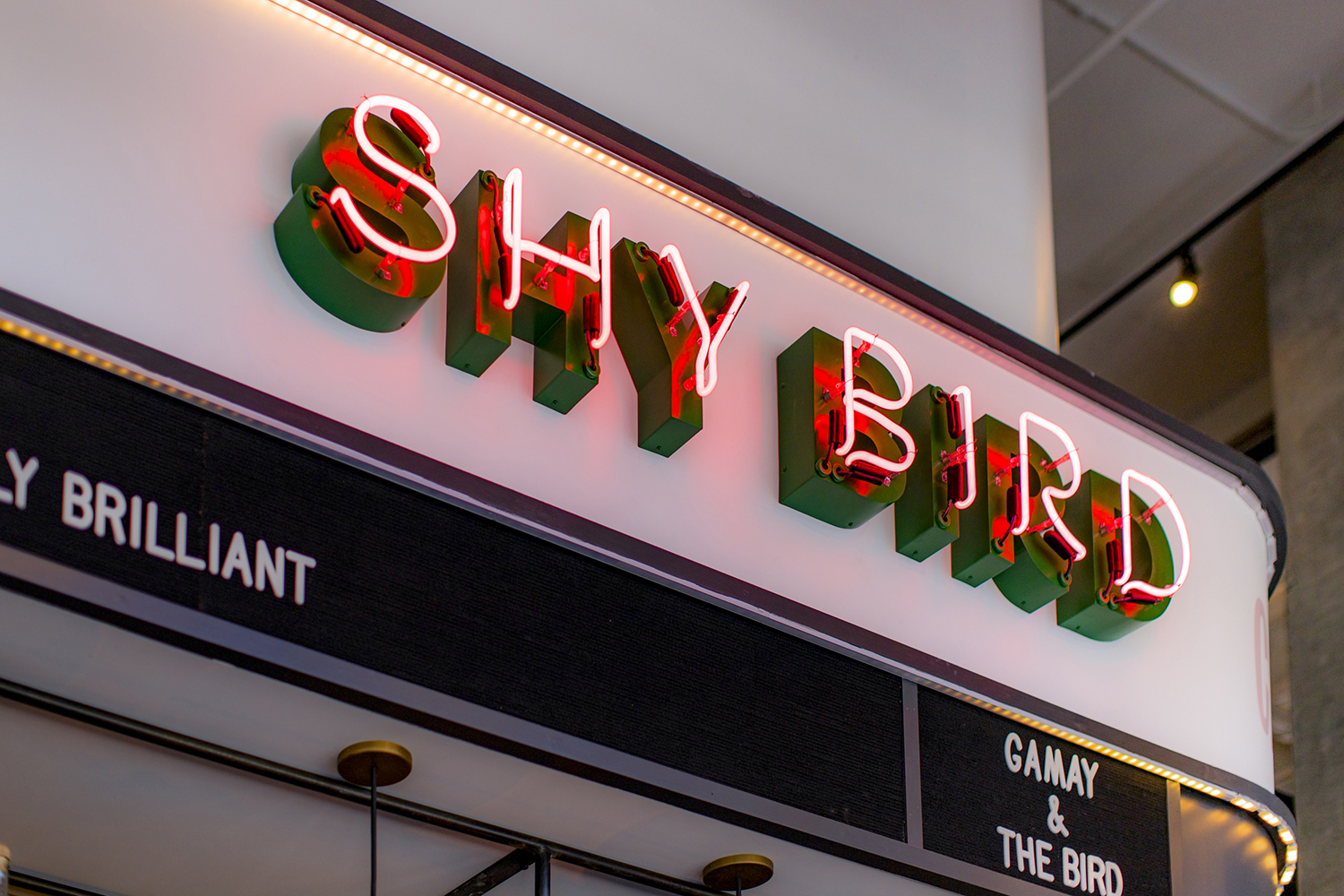 Logotype and neon signage by Perky Bros for Shy Bird, a café, rotisserie and bar in Cambridge, MA