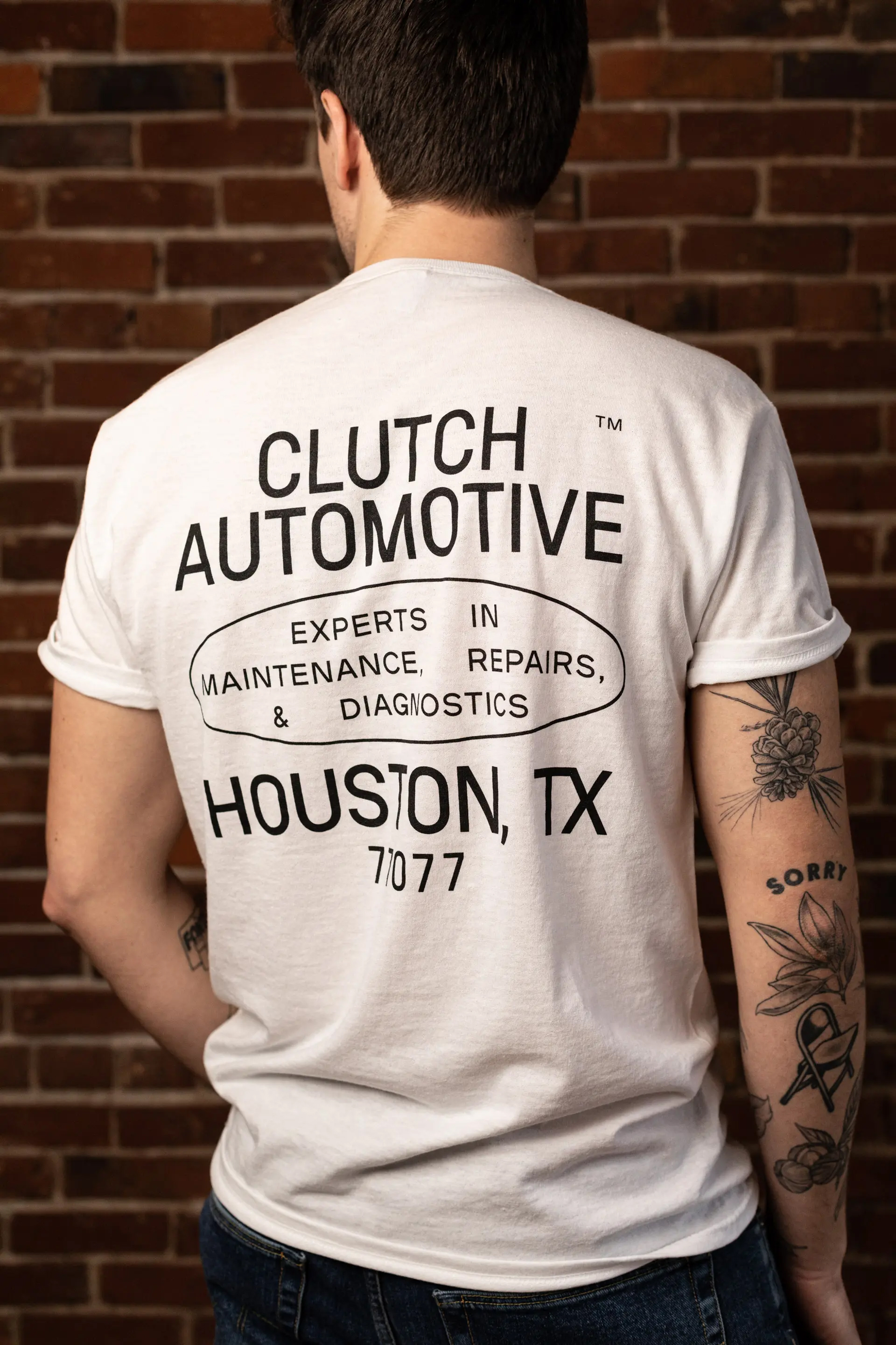 Branded t-shirt by Parker Studio for modern Texas automotive shop and mechanics Clutch