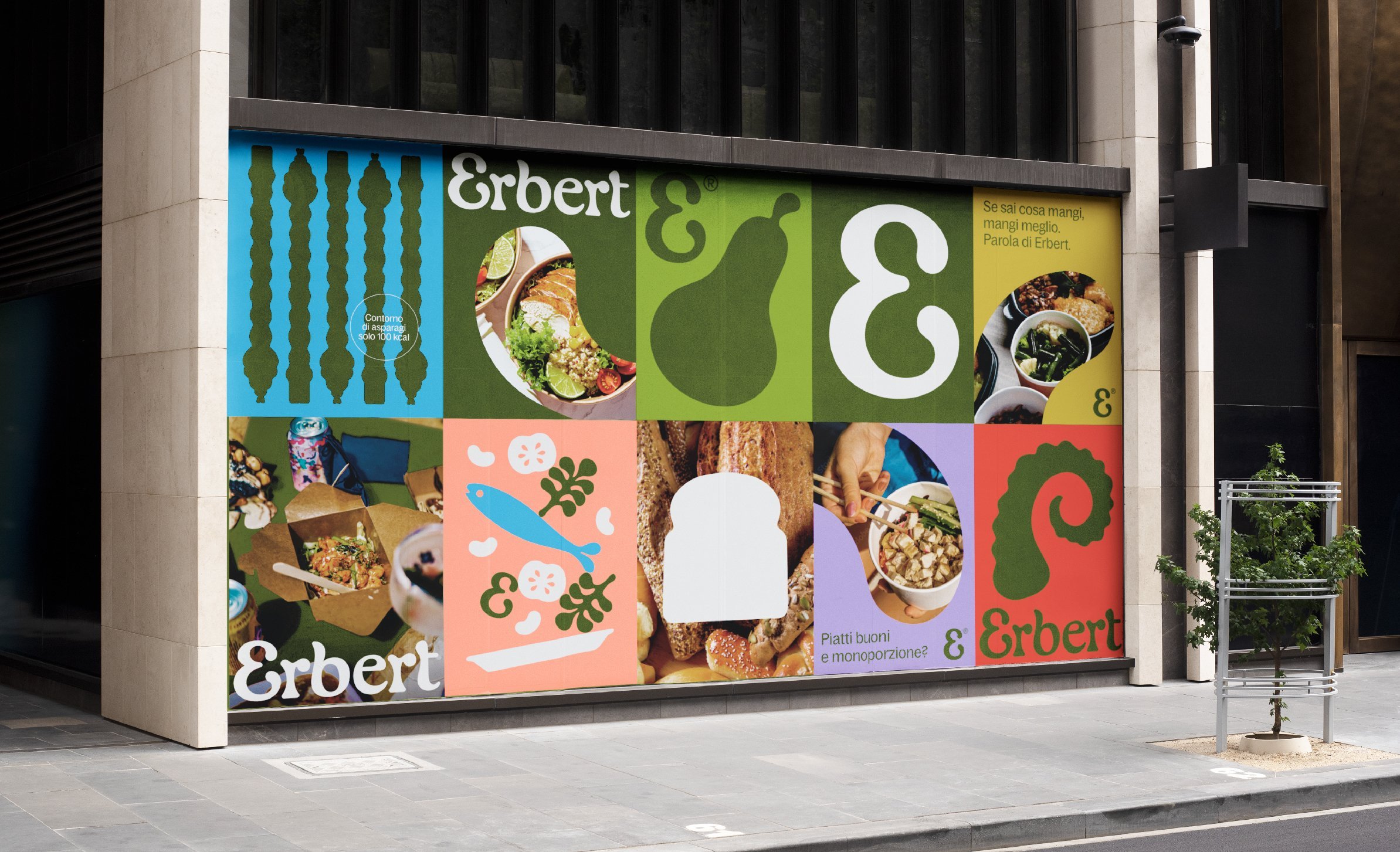 Logo and brand identity for Italian healthy fast-food chain Erbert designed by Florence-based design studio AUGE.