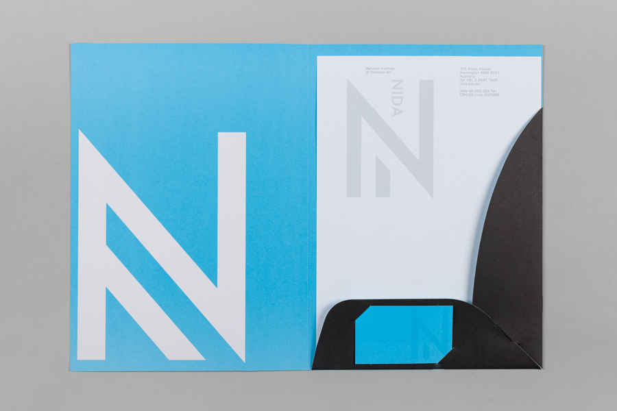Brand identity and folder designed by Maud for The National Insti­tute of Dra­matic Art