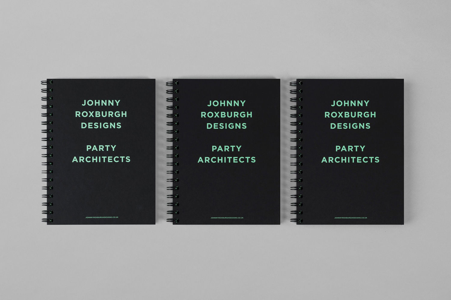 Brand identity and notebook for UK party architect Johnny Roxburgh by graphic design studio Bunch