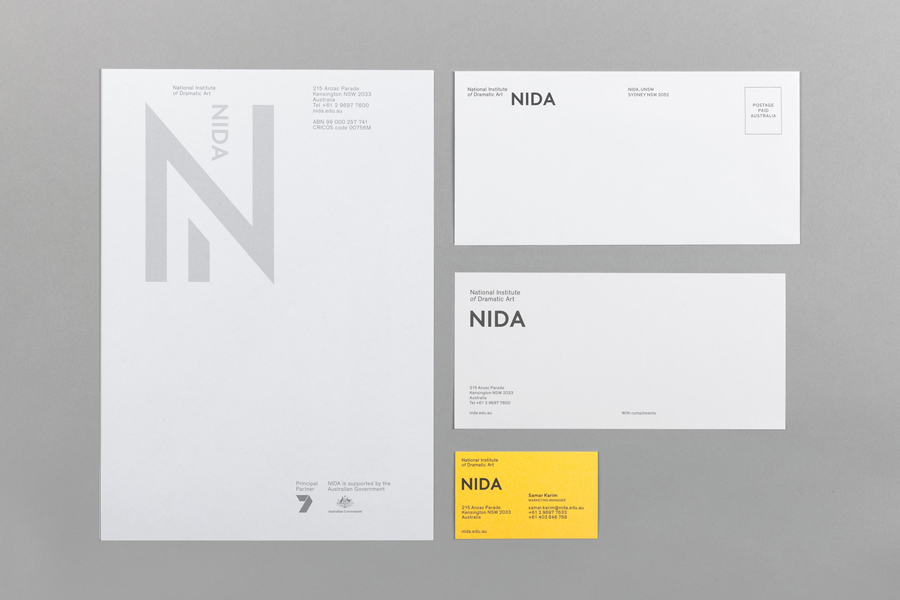 Brand identity and stationery designed by Maud for The National Insti­tute of Dra­matic Art