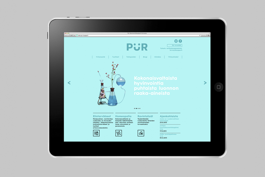 Brand identity and website designed by Bond for Helsinki-based health store PÜR