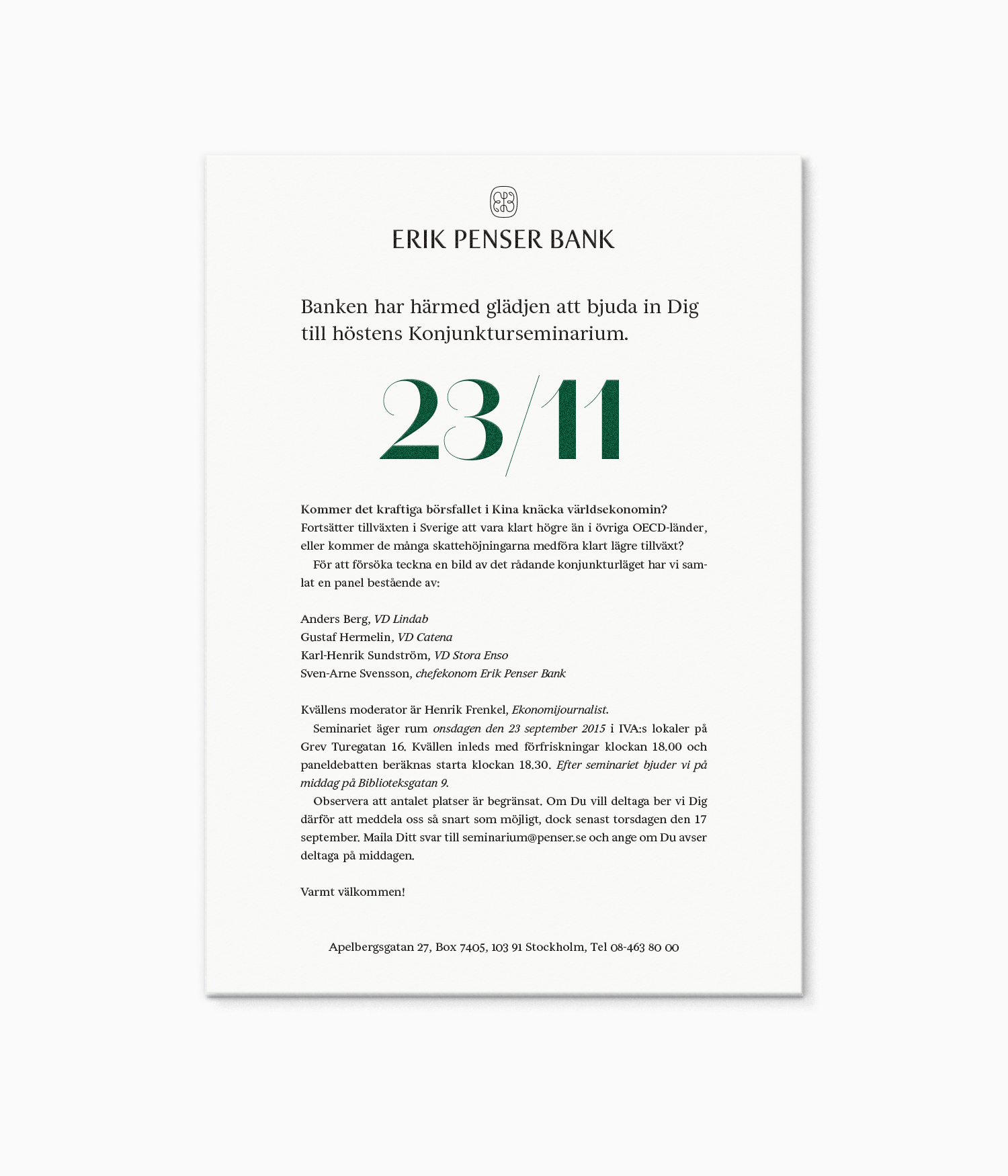 Brand identity and print for Sweden's leading private banking firm Erik Penser Bank 