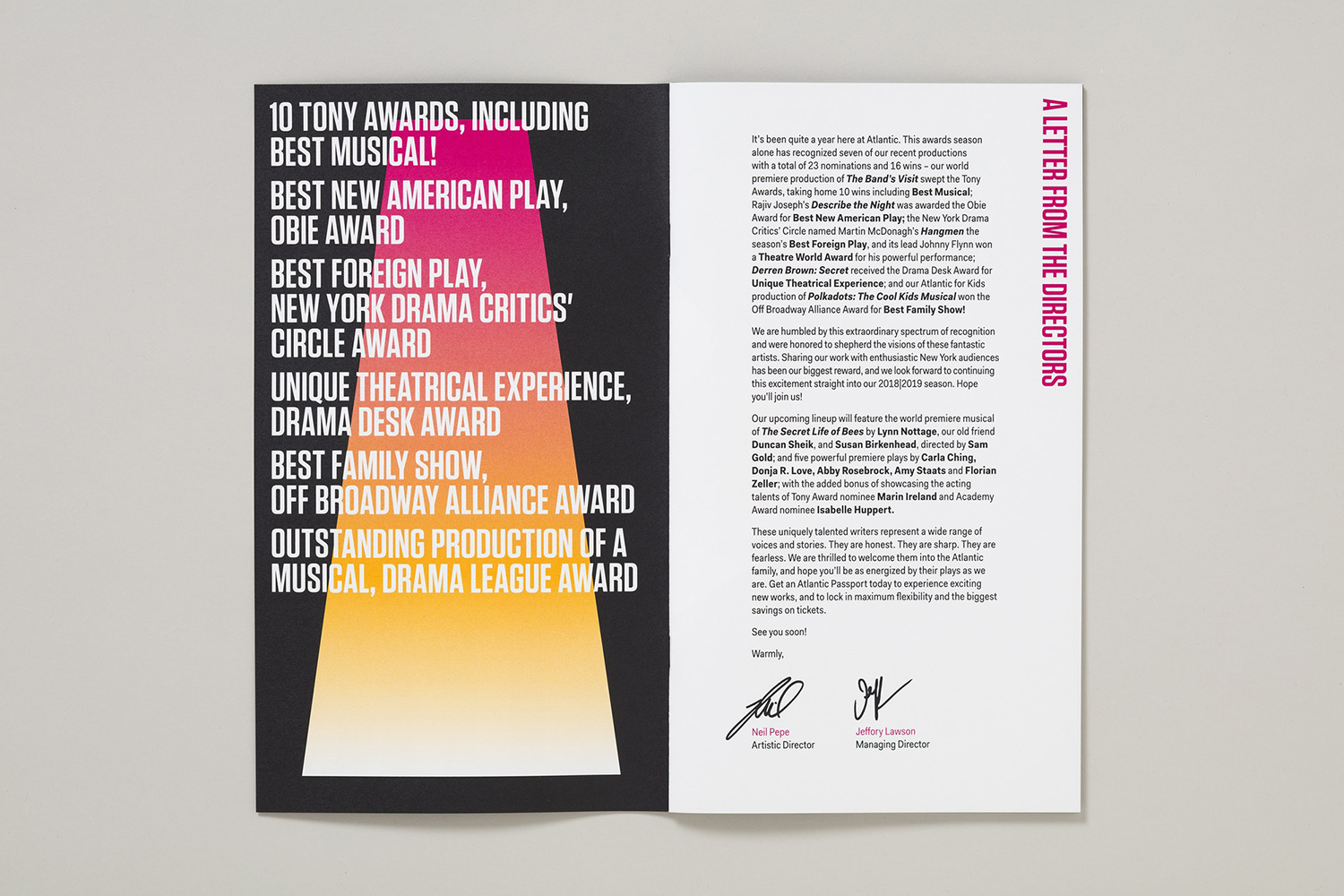 Campaign identity and programme by Paul Scher, Pentagram, for the Atlantic Theater's 2018–19 season