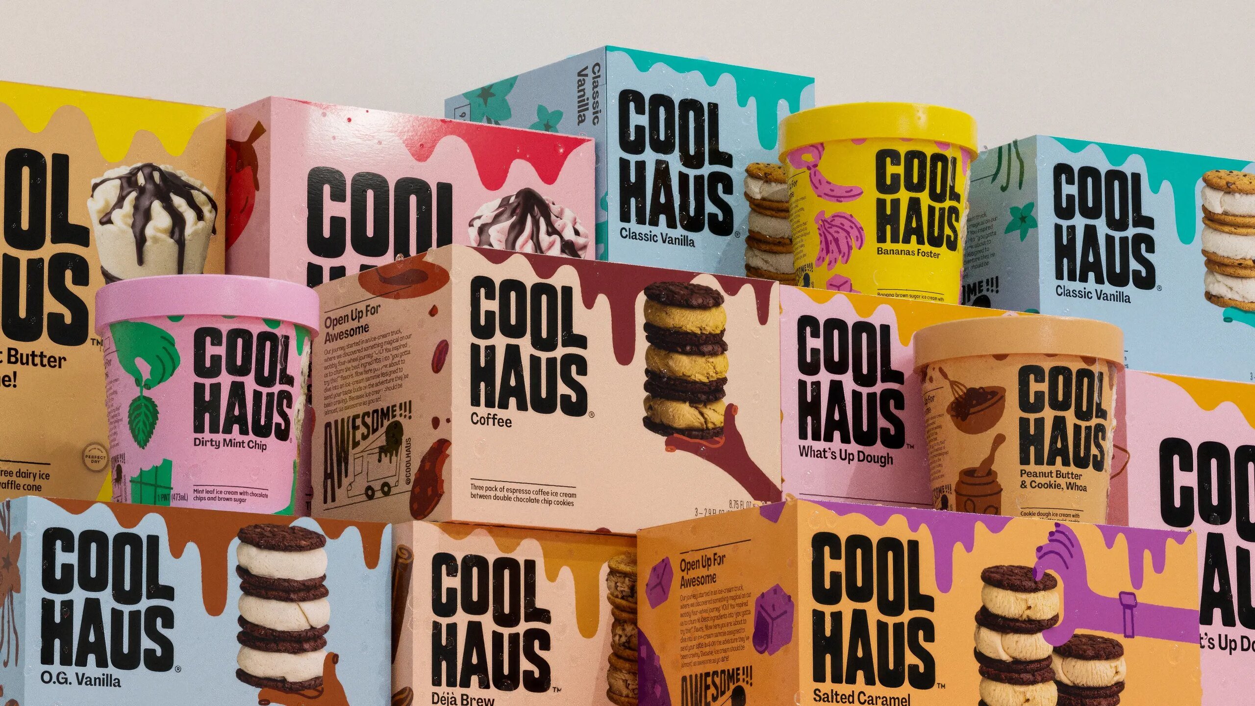 Logotype, illustration, packaging, motion graphics and digital design by &Walsh for dairy free ice cream brand Coolhaus