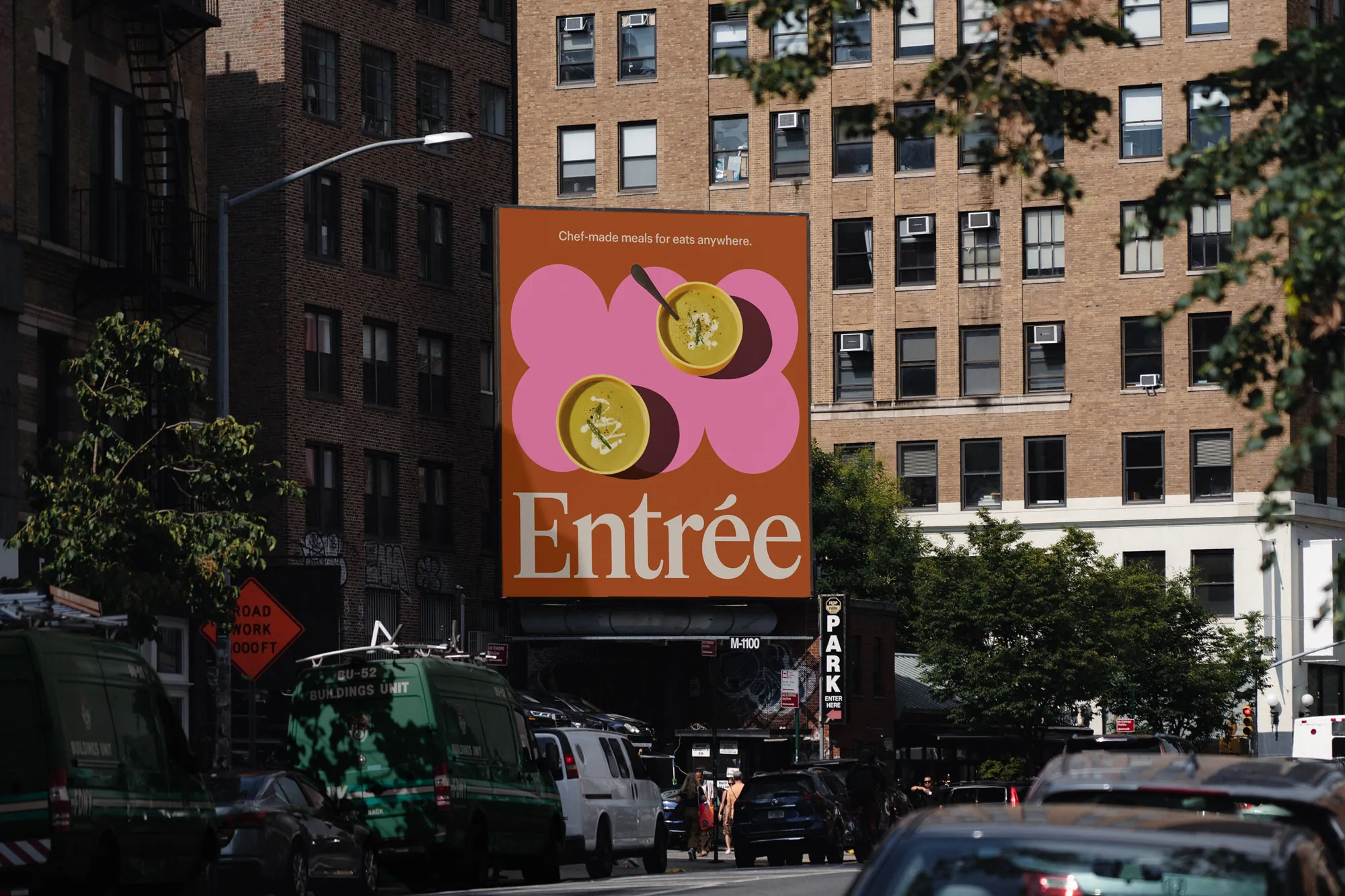 Brand identity and billboard designed by Saint Urbain for Chicago-based chef-made meal delivery business Entrée