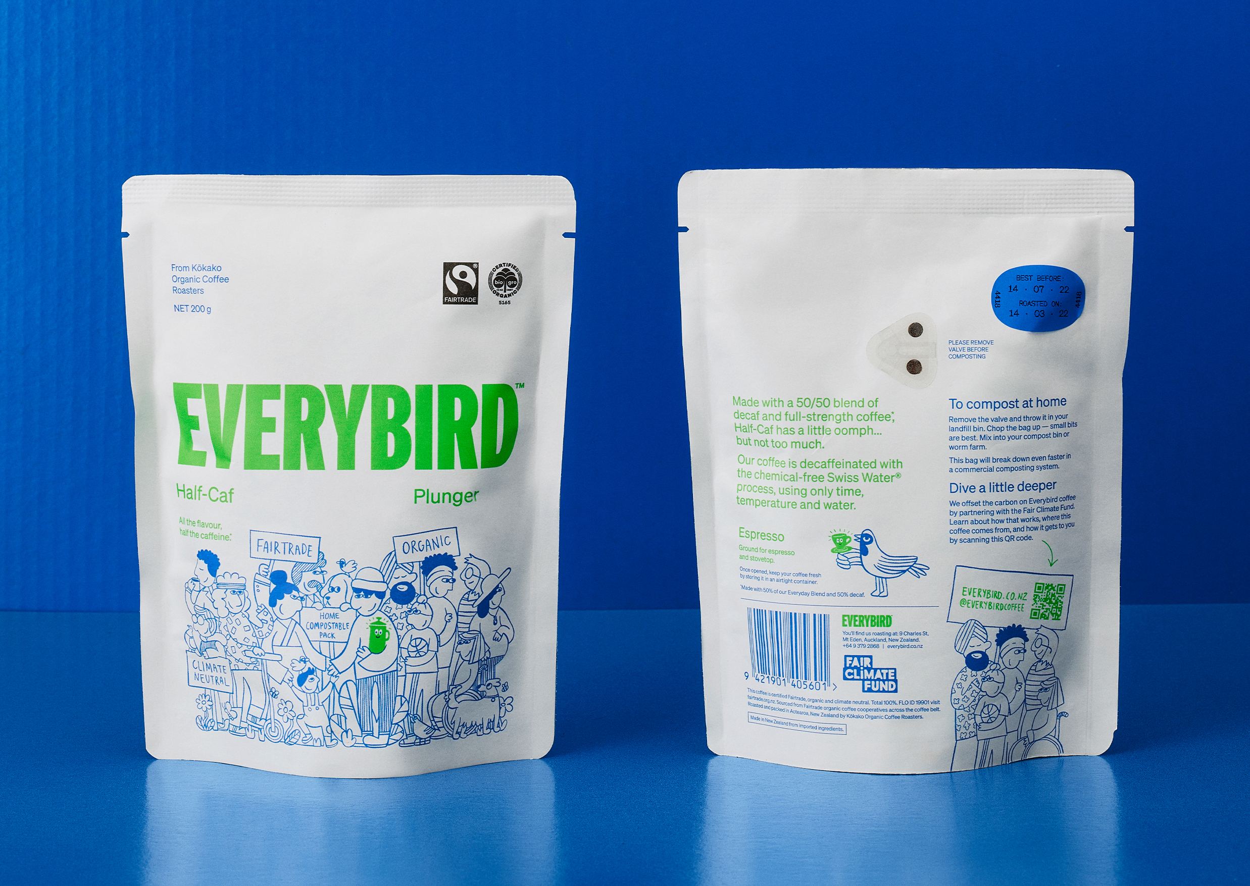 Logo, illustration and packaging by Marx Design for ethical New Zealand coffee brand Everybird