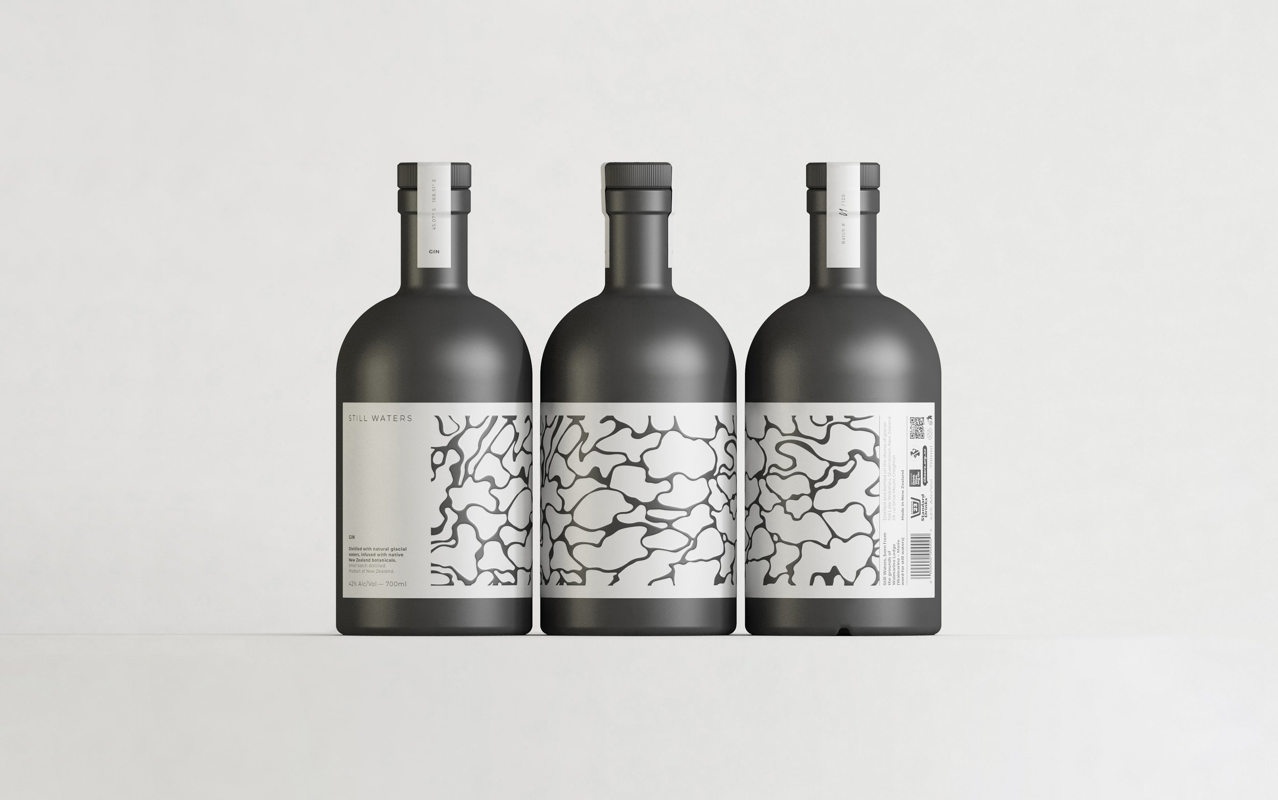 Label and structural design by Makebardo for New Zealand gin and vodka brand Still Waters