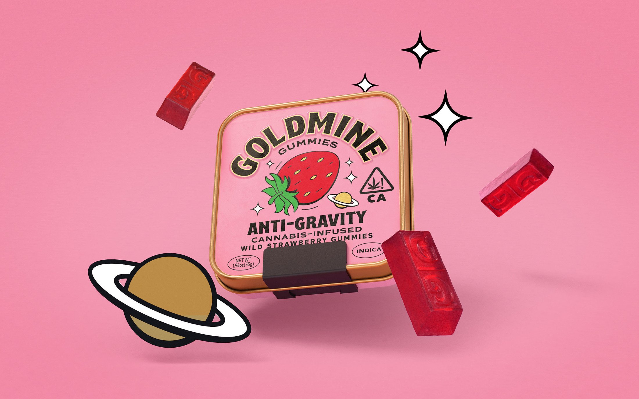 Packaging design by Leeds-based Robot Food for cannabis-infused sweets Goldmine Gummies