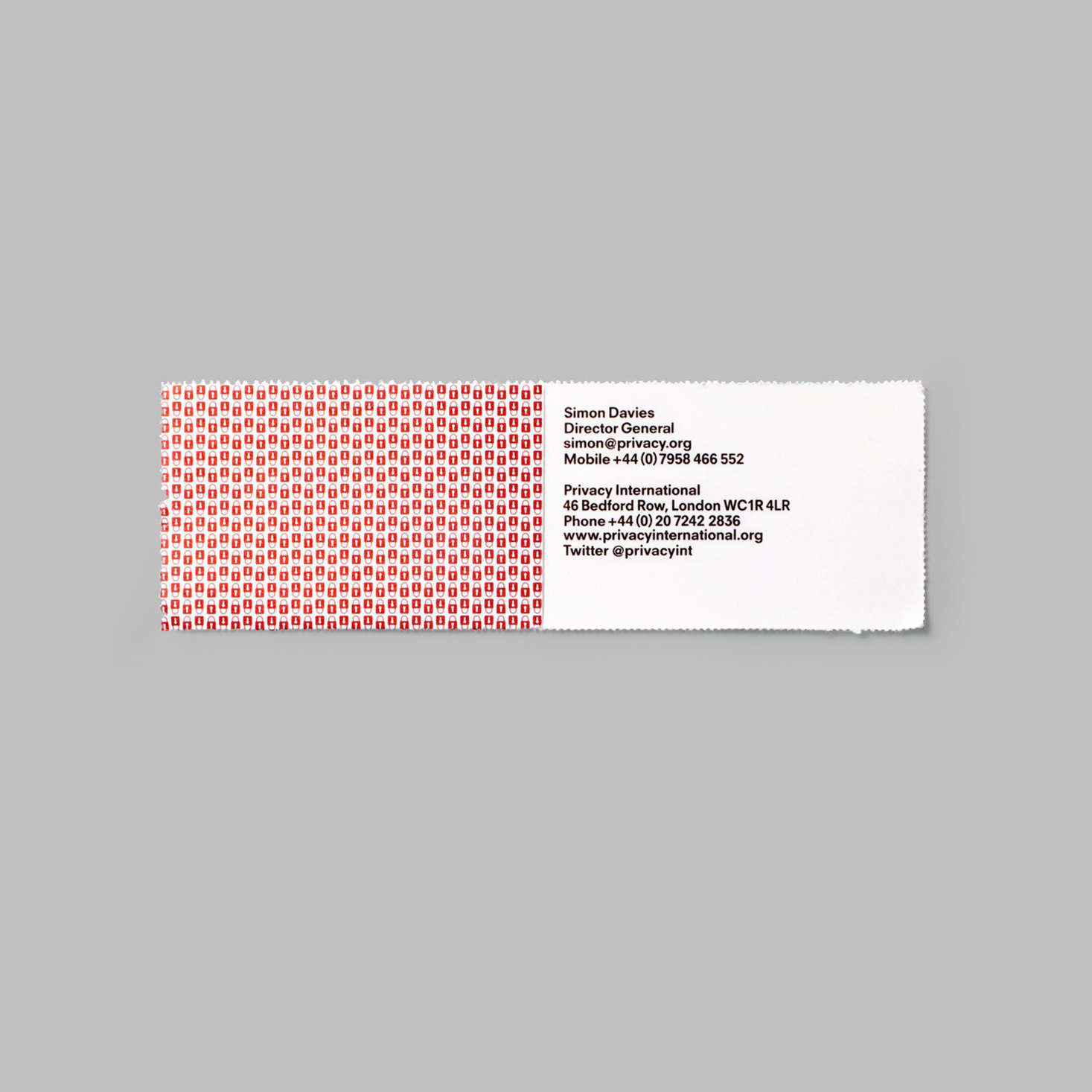 Logo and print with perforated detail designed by This Is Real Art for Privacy International