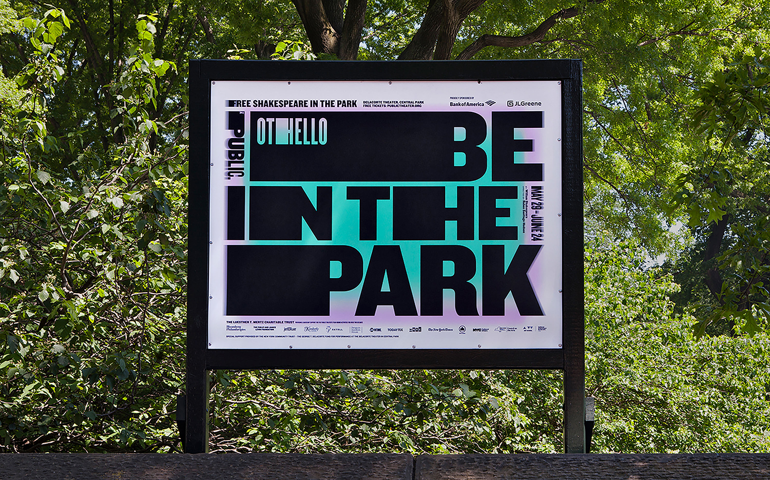 Posters, signage, website, t-shirts, tote bags and newspaper advertising by Pentagram's Paula Scher for The Public Theatre's Shakespeare in the Park 2018