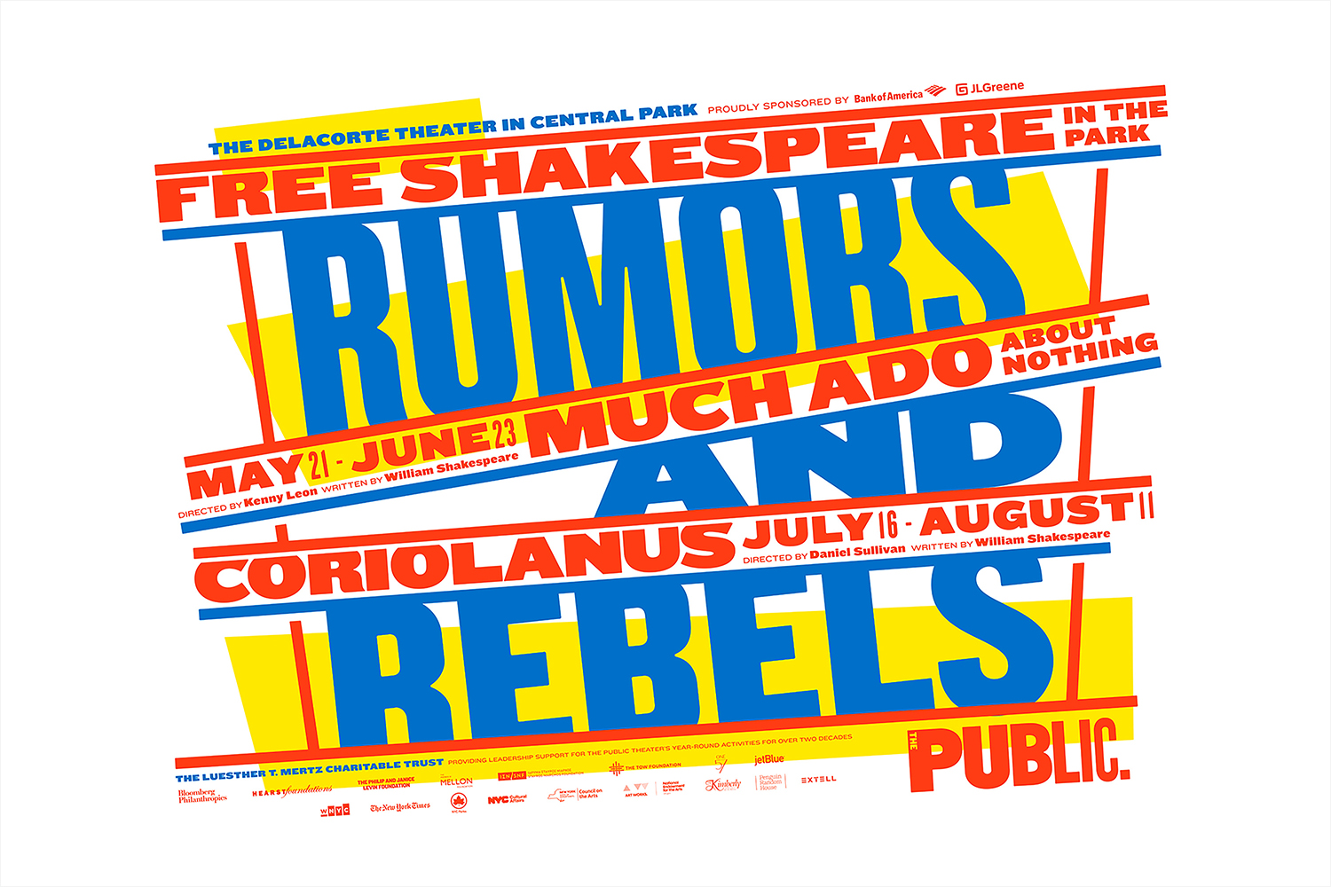 Posters, flyers, signage, t-shirts and newspaper advertising by Pentagram's Paula Scher for The Public Theatre's Shakespeare in the Park 2018