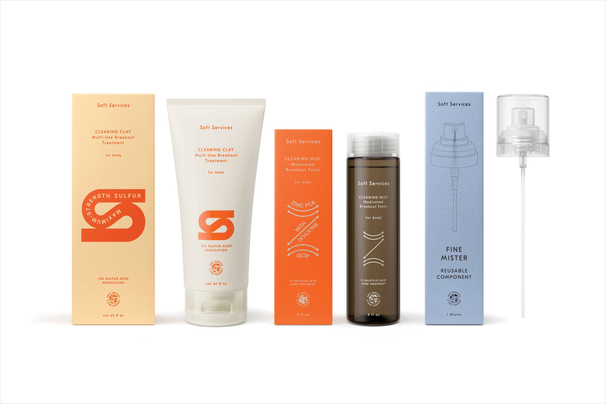 Skincare packaging design; boxes, tubes and bottles, by Decade for Soft Services