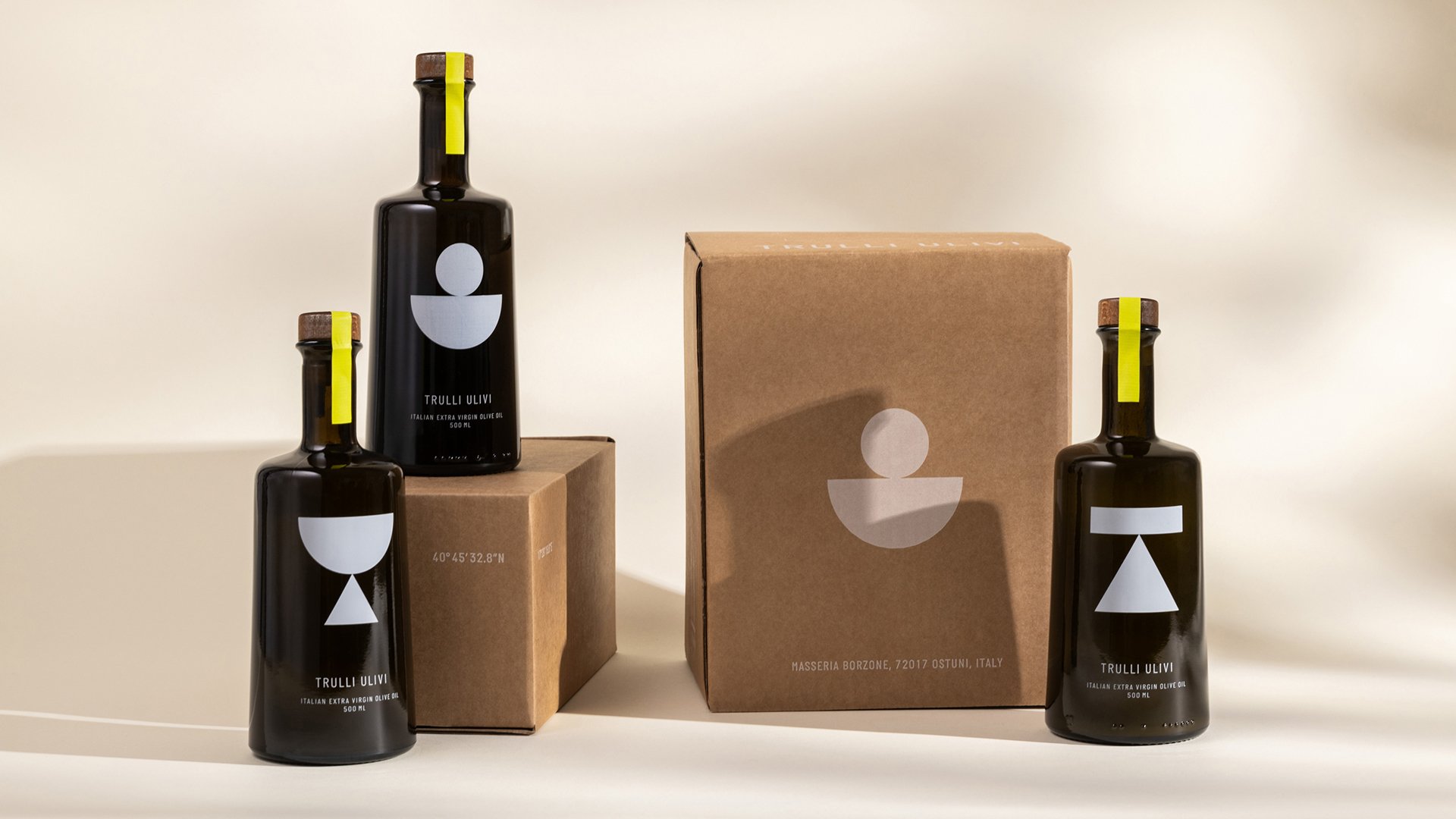 Logotype, typeface, photography, motion graphics and packaging by Here Design for Italian olive oil producer Trulli Ulivi.