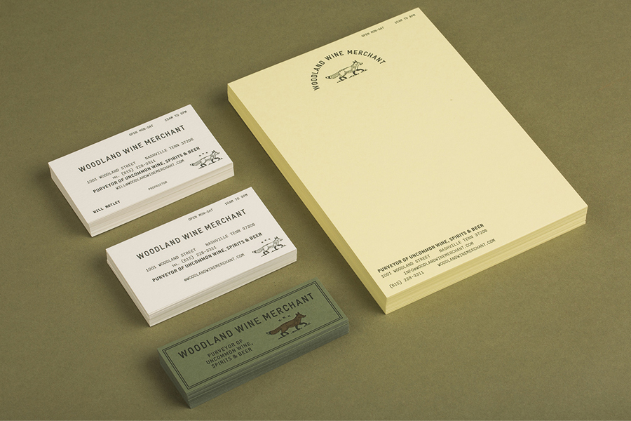 Business cards and stationery for Nashville based Woodland Wine Merchant by Perky Bros
