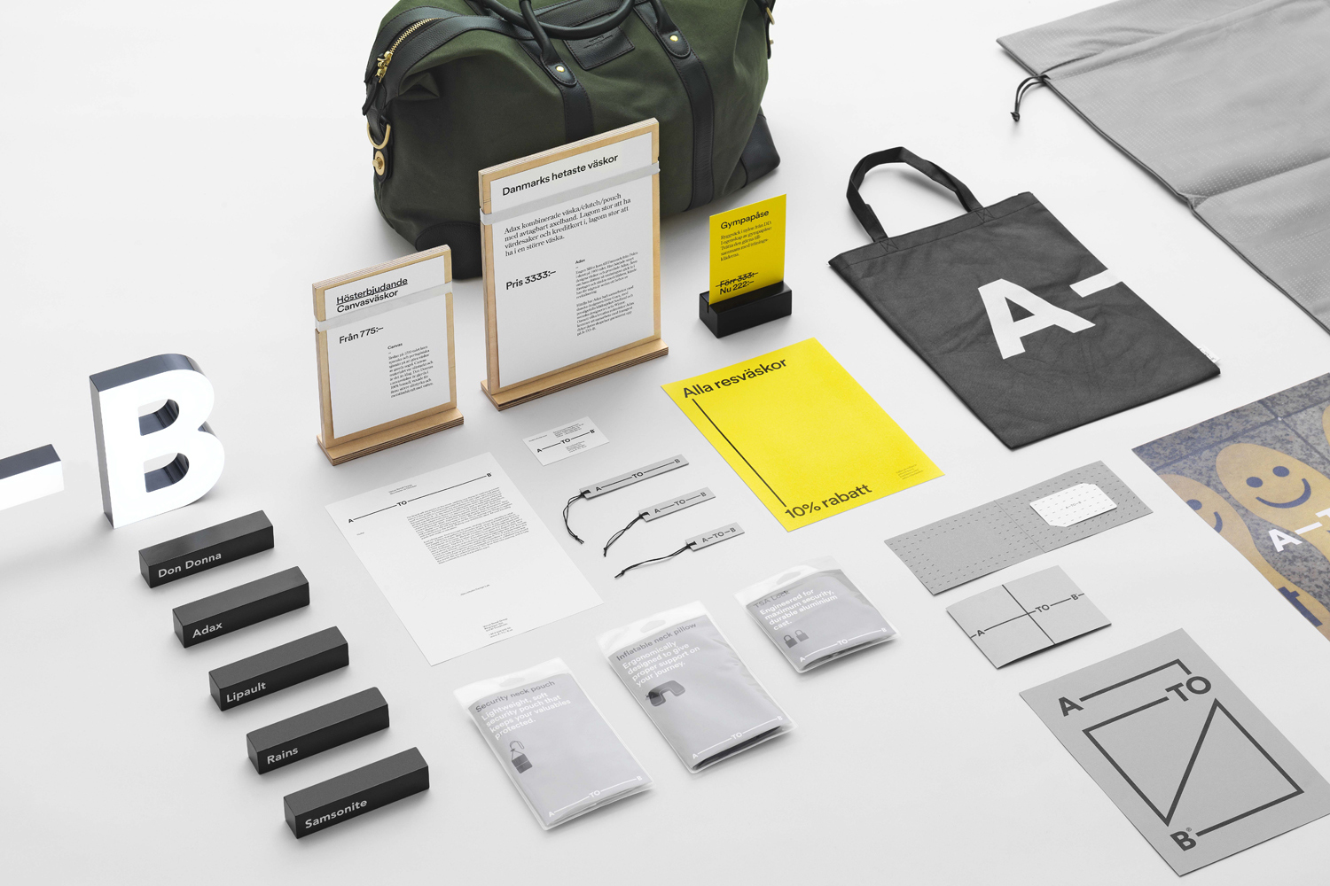 Brand Identity, print and signage for Scandinavian retailer and bag specialist A-TO-B by Stockholm Design Lab