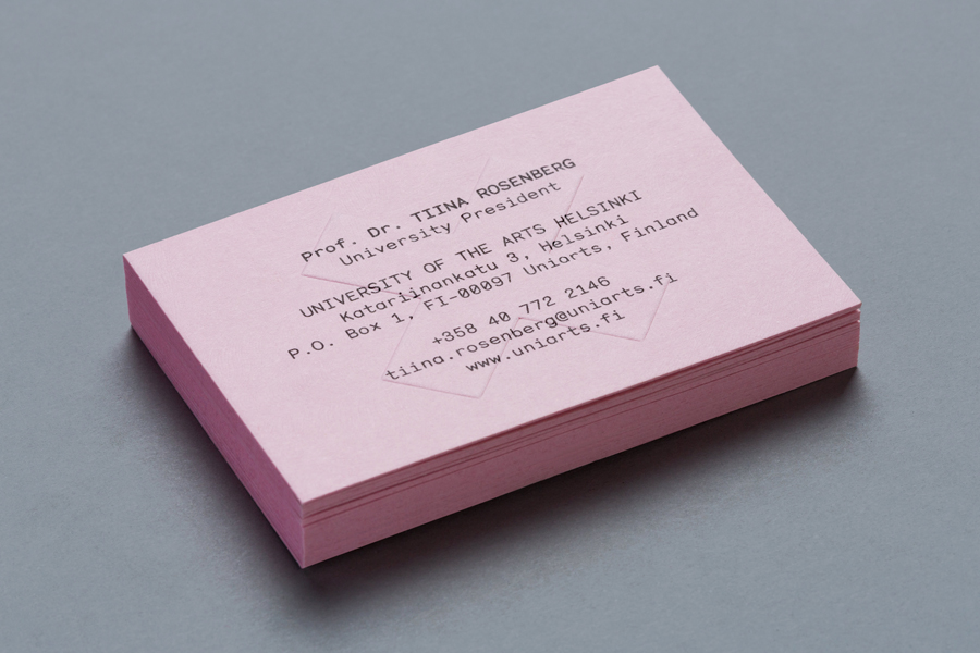 Logo and coloured board business cards designed by Bond for the University of the Arts Helsinki