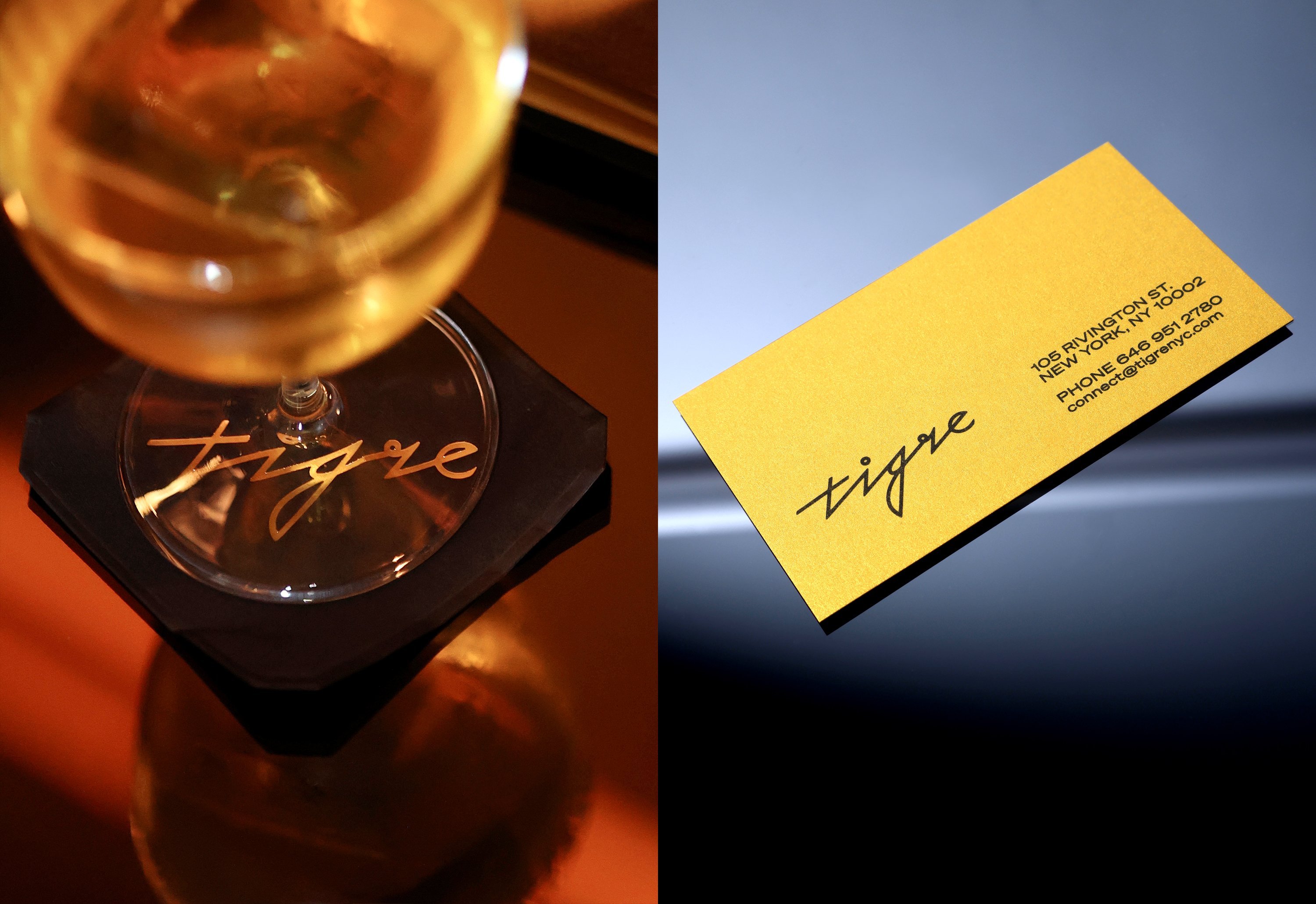 Cursive logotype, menu design, coaster and matchbooks for New York bar Tigre designed by Triboro. 