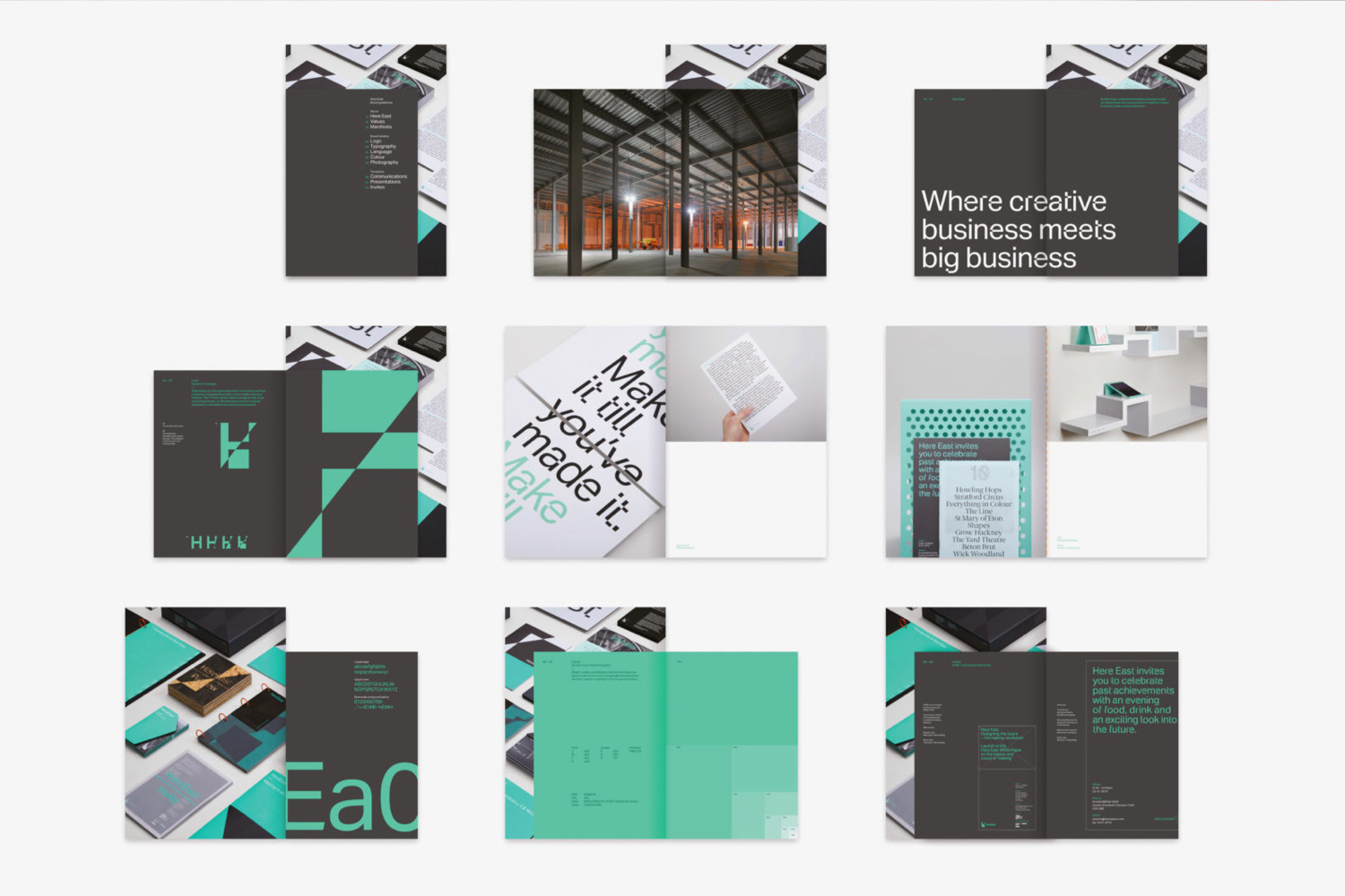 Graphic identity and brand book by dn&co. for commercial space Here East
