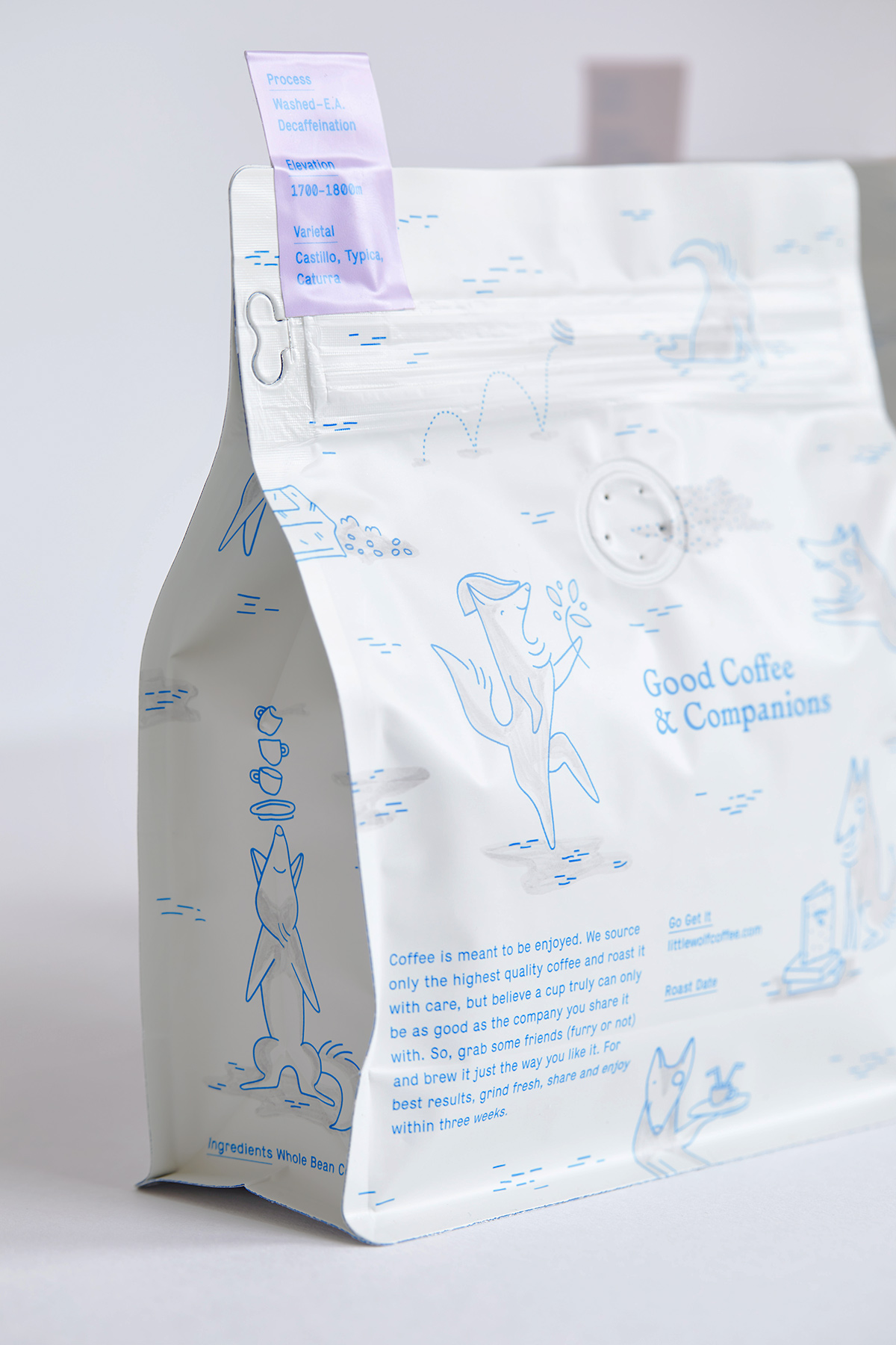 Coffee packaging by Perky Bros for American small-batch roastery, subscription service and café Little Wolf