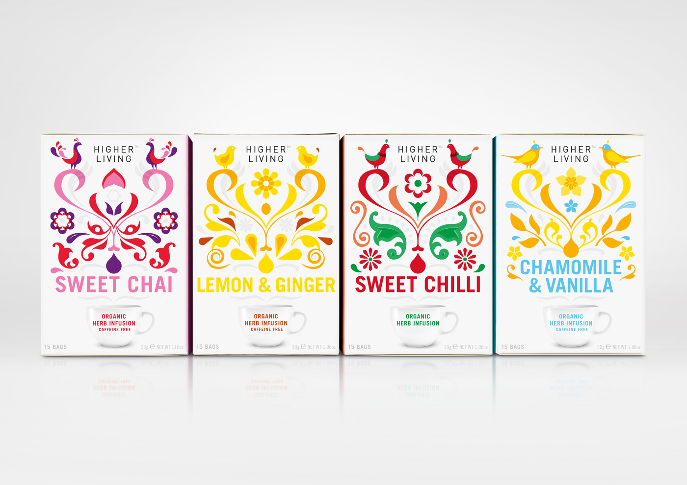 Tea packaging with illustrative detail designed by B&B Studio for UK herbal tea company brand Higher Living