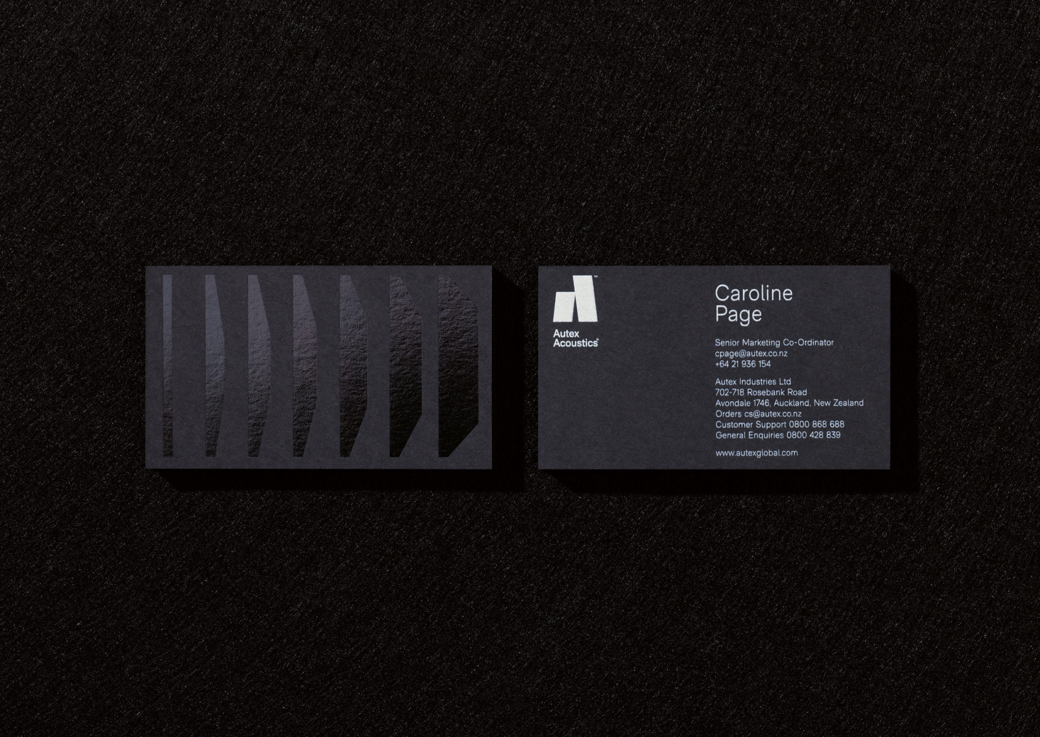 Business card design with black foil for Autex Acoustics by Marx Design, New Zealand