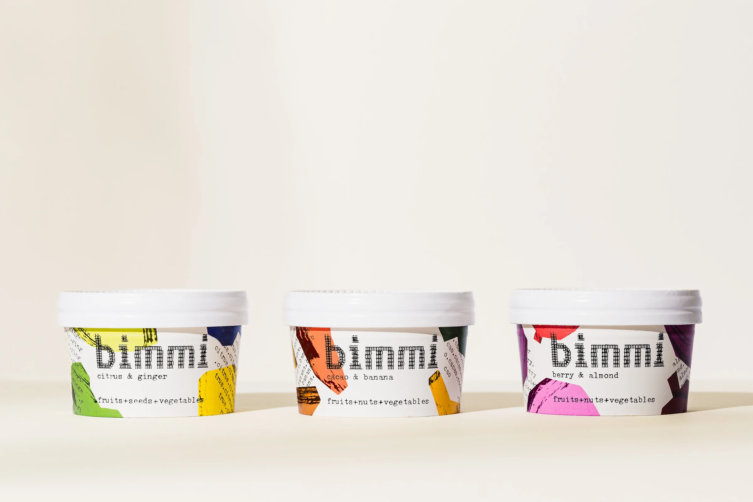 Logotype, packaging and concrete poetry collage designed by Swedish design studio Bedow for frozen smoothie brand Bimmi. 