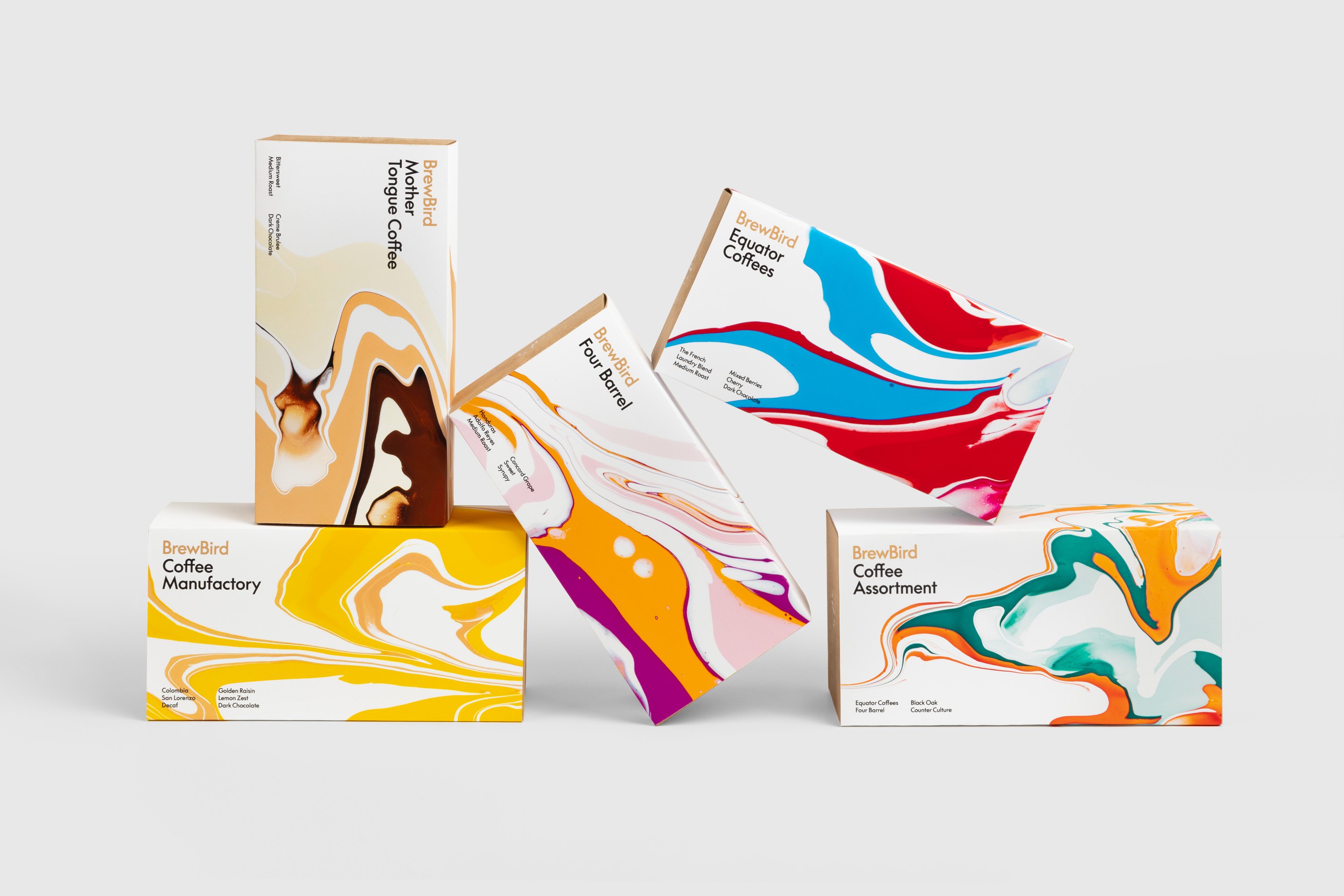 Marbled pattern and packaging design for San Francisco coffee pod business BrewBird designed by Mucho