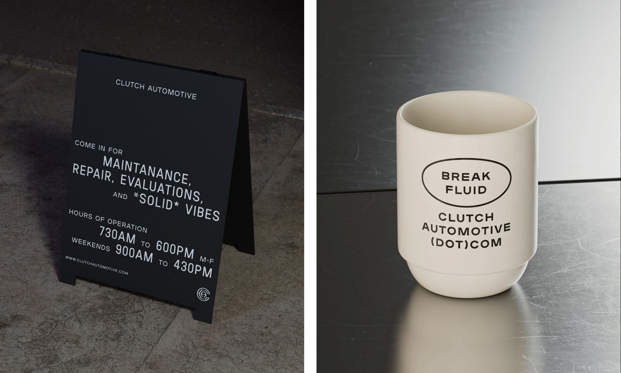 Sign and coffee cup design by Parker Studio for modern Texas automotive shop and mechanics Clutch