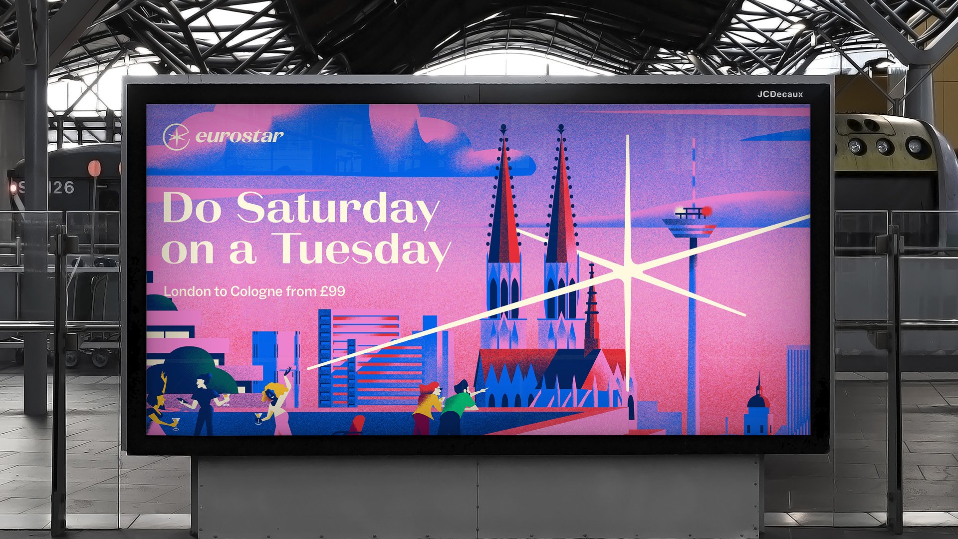 Illustration and out of home advertising for Eurostar 2023 rebrand by Design Studio.