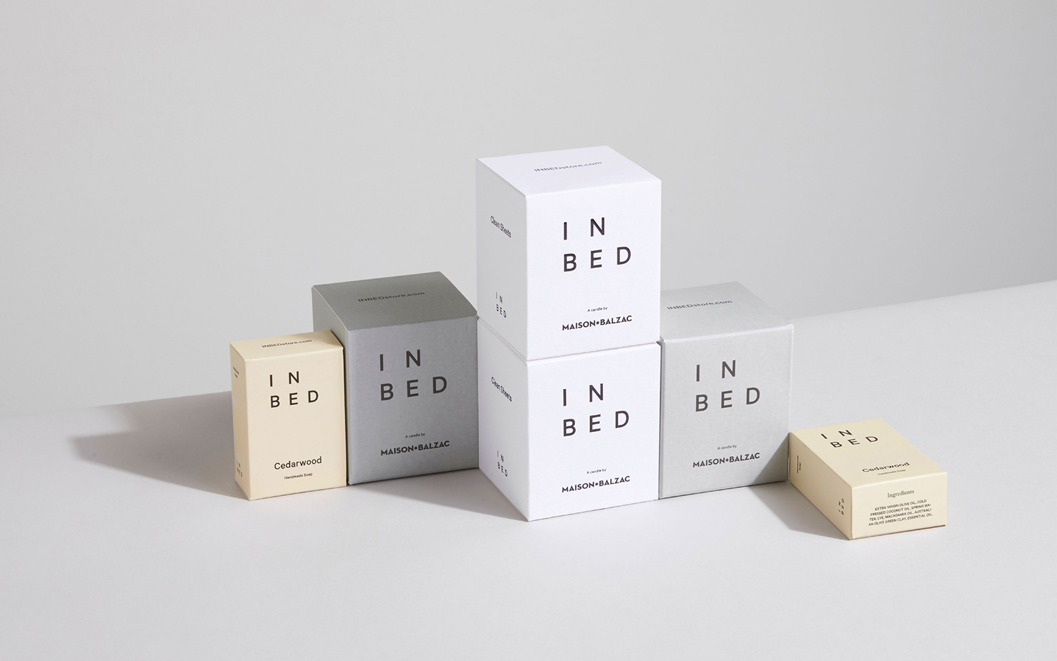 Visual identity, print and packaging for online homeware retailer In Bed designed by Moffitt.Moffitt