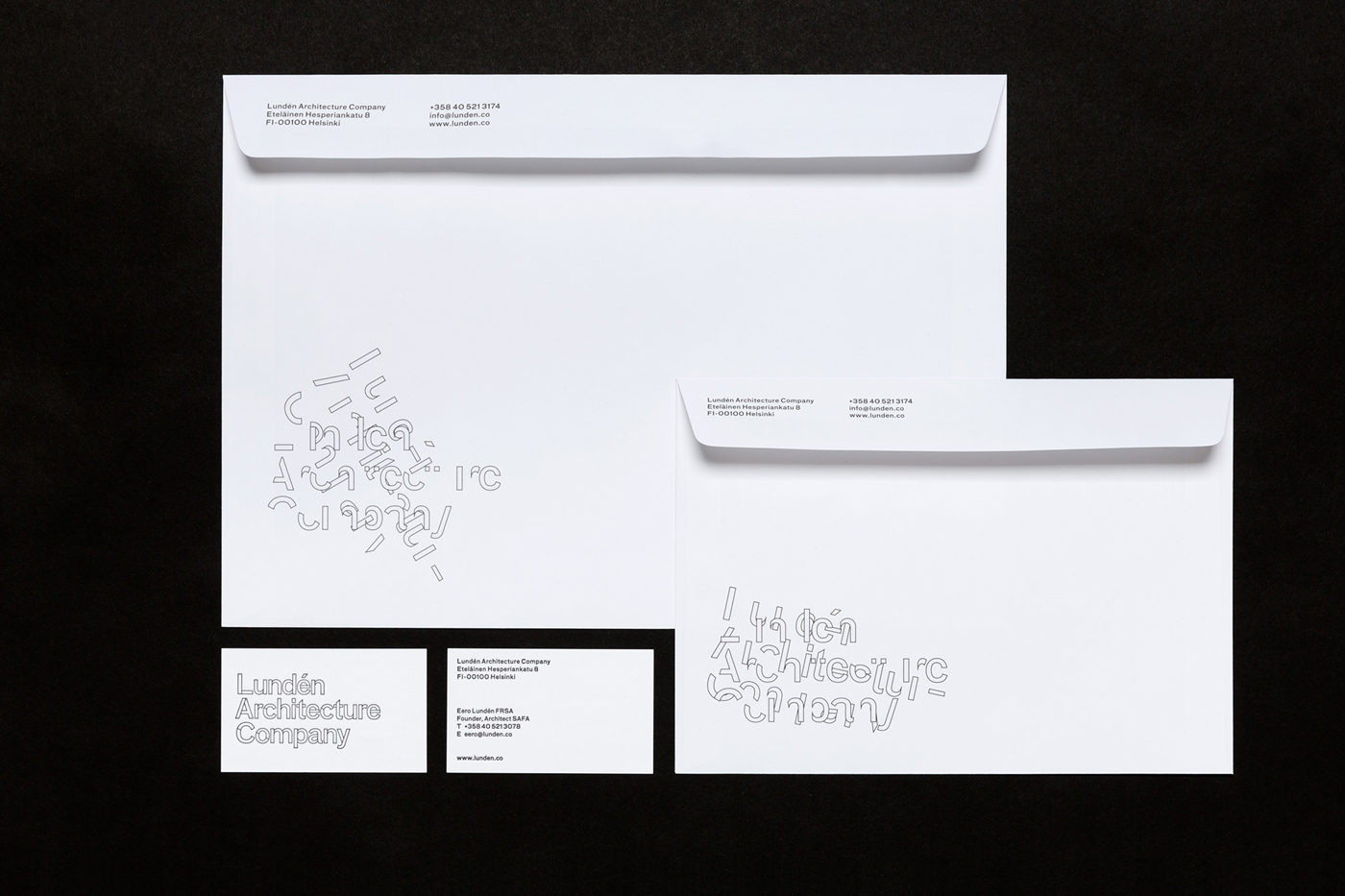 Logotype, business cards and envelopes by Finnish studio Tsto for Helsinki-based Lundén Architecture Company